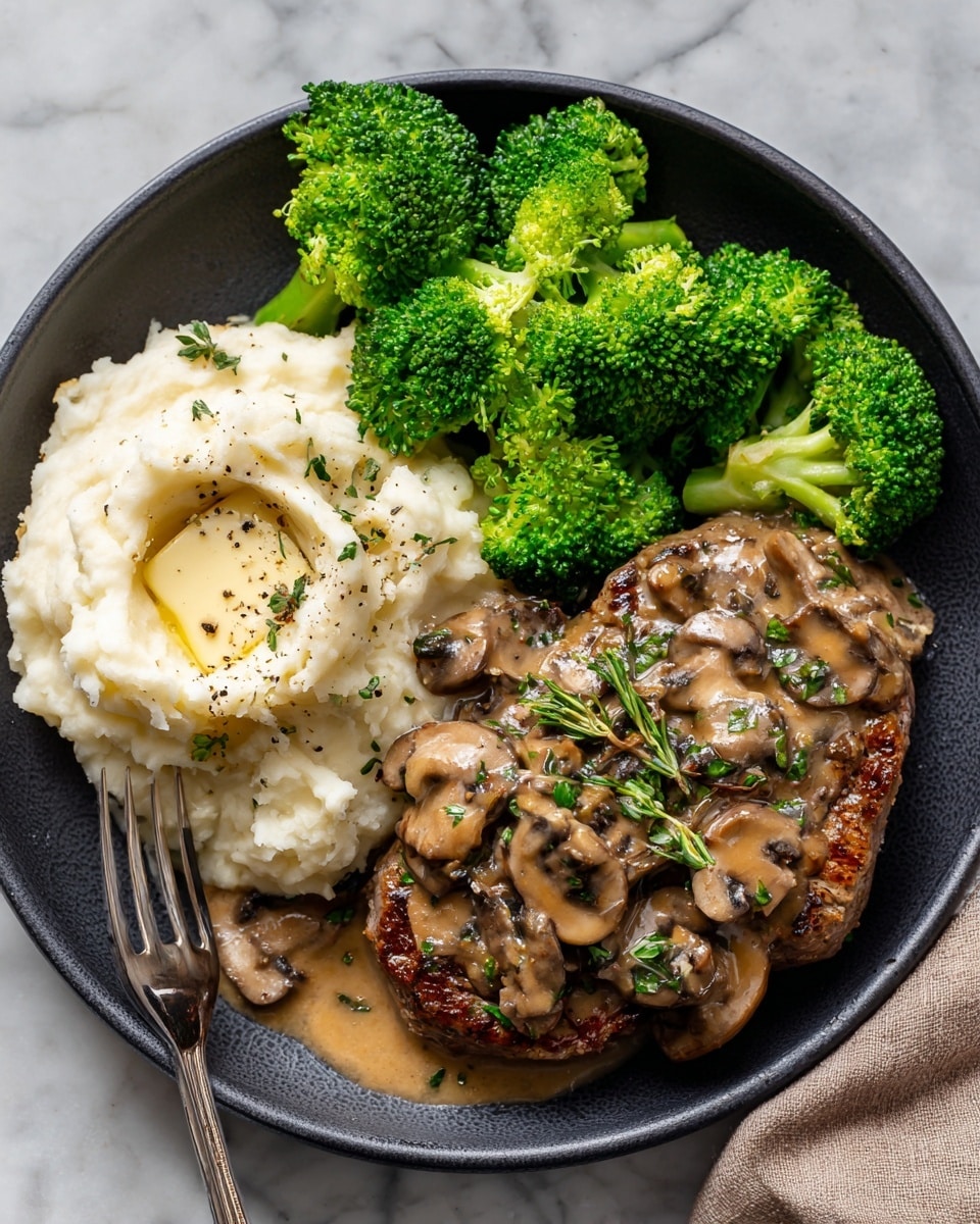 A white bowl holds a meal with three main layers. The bottom layer is light yellow mashed potatoes with small bits and sprinkled green herbs on top. Next to the mashed potatoes is a layer of glossy, cooked sliced mushrooms covered in dark brown sauce with hints of green herbs scattered across. On top of the mashed potatoes, there are five thick slices of medium rare steak with a dark brown crust and slightly pink inside, also garnished with green herbs. The dish sits on a surface with a white marbled texture. The photo taken with an iphone --ar 4:5 --v 7