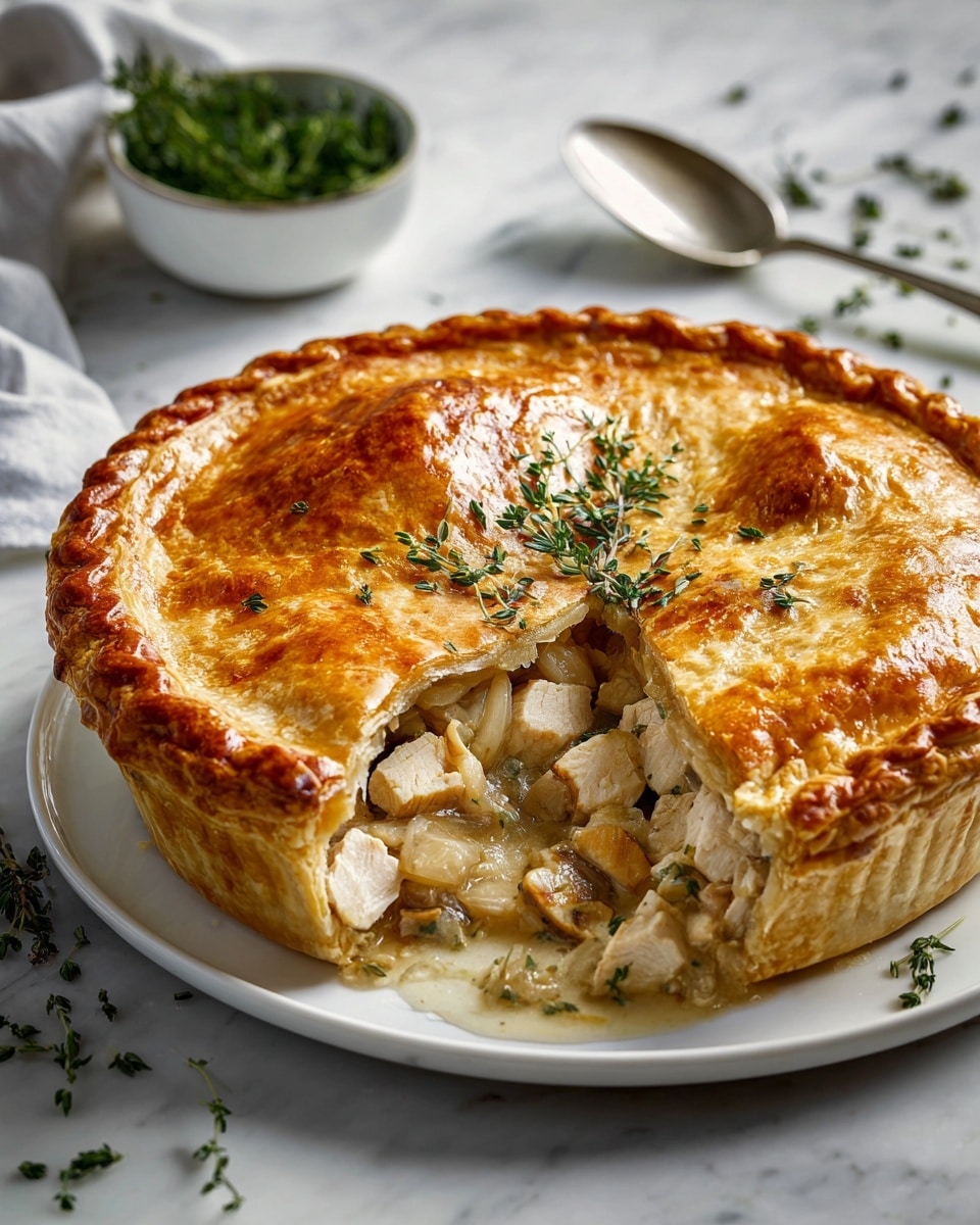A round pie with a thick, golden brown crust sits on a white plate, with the top crust slightly puffed and sprinkled with small green herb leaves. One side of the crust is broken open, showing the filling made of light brown onions and white, cubed pieces of meat, all mixed in a creamy sauce. The crust is thick and crimped around the edges, and the inside looks soft and moist. A silver spoon rests on the plate next to the pie, and some green herbs are scattered on the white marbled surface around the plate. In the background, a white bowl with fresh green herbs is partially visible. photo taken with an iphone --ar 4:5 --v 7