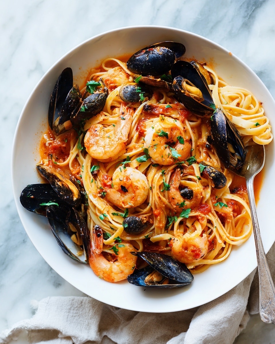 A white round plate filled with a seafood pasta dish with two main layers: the bottom layer is thick spaghetti noodles coated in a light red sauce, mixed with bright orange shrimp and open dark mussel shells, some showing creamy flesh inside; the noodles are twisted and piled high, covering most of the plate. The top layer has green parsley leaves sprinkled evenly, adding fresh color and texture. A silver fork rests inside the plate on the right side. The plate sits on a white marbled surface with a white cloth napkin draped beside it. Photo taken with an iphone --ar 4:5 --v 7
