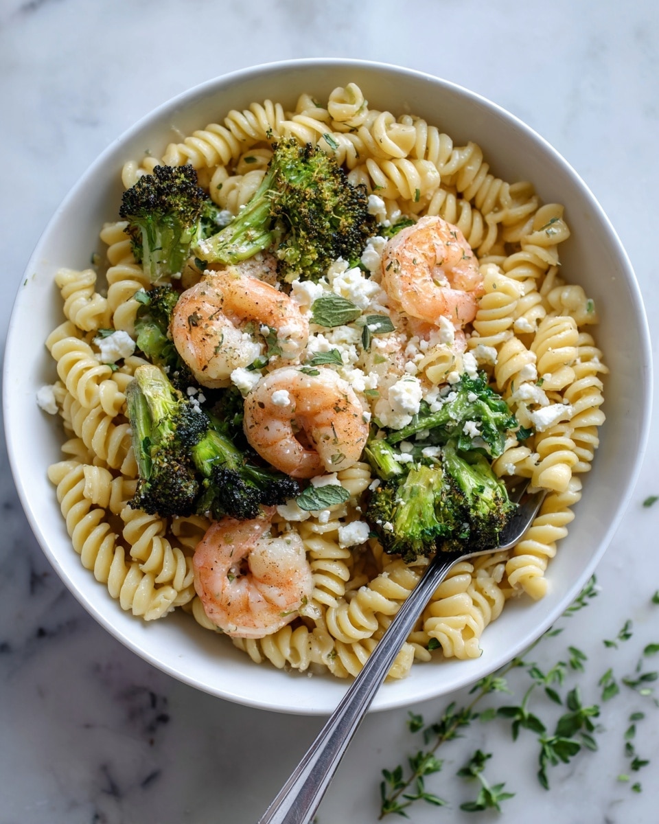 The image shows a close-up of a bowl filled with three layers: the bottom layer has short spiral pasta in a pale yellow color, the middle layer contains bright green roasted broccoli florets, and the top layer features pink and white cooked shrimp scattered around with small white crumbles of cheese and pieces of chopped dark green leafy herbs. The bowl is light brown, set on a white marbled surface with a metal fork resting inside on the left. The colors are fresh and natural with some black pepper sprinkled on top. Photo taken with an iphone --ar 4:5 --v 7