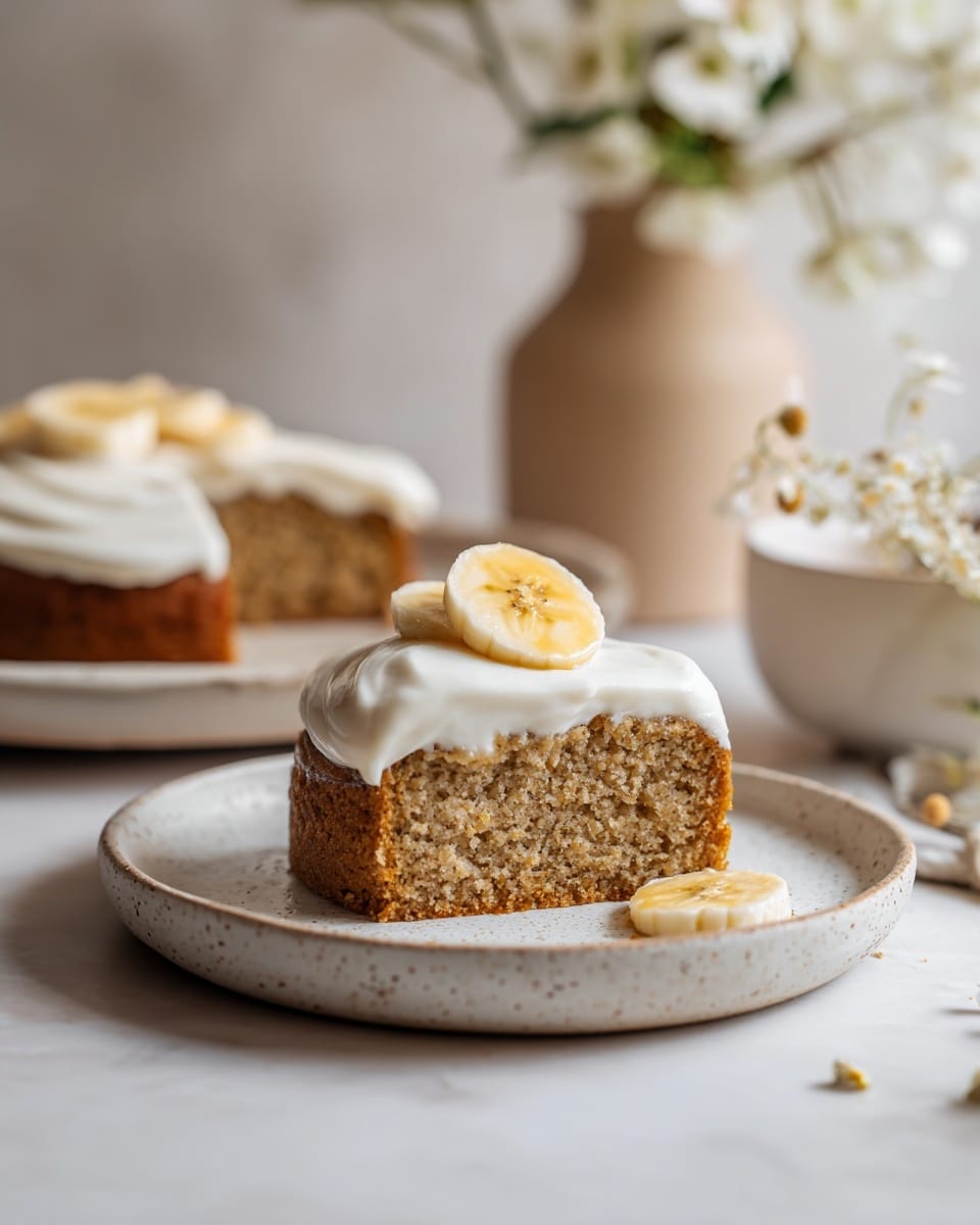 This image shows a close-up of a cake square with two visible layers. The bottom layer is a light brown, soft, and crumbly cake. The top layer is a smooth, creamy white frosting spread evenly over the cake. On top of the frosting, there is a round slice of banana, pale yellow with a soft texture, placed in the center. The cake pieces are cut into even squares and are set on a white marbled surface with some small crumbs around. Photo taken with an iphone --ar 4:5 --v 7
