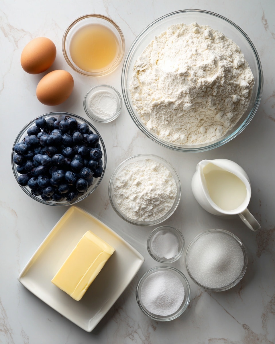 The image shows a white marbled surface with baking ingredients arranged neatly. There are two eggs on the left, a small glass bowl with light brown liquid next to them, and a larger clear glass bowl filled with white flour in the center. A jug with milk is placed to the right. Below these, a white square dish holds a yellow stick of butter. To the left of the butter, there is a bowl filled with fresh blue blueberries, and next to it is a medium bowl with white sugar. Several small glass bowls contain other white powders or ingredients. The setup is clean and bright. Photo taken with an iphone --ar 4:5 --v 7