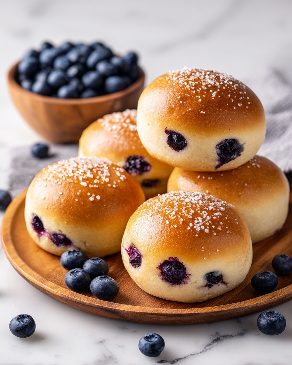 A wooden tray holds five golden brown round buns with a shiny top, each studded with deep purple blueberry spots in uneven clusters. The buns sit on a piece of brown parchment paper, and plump fresh blueberries are scattered around the tray and one is near the edge. In the back right, there is a white bowl filled to the top with fresh blueberries. The setting rests on a white marbled surface with soft natural light enhancing the warm colors. photo taken with an iphone --ar 4:5 --v 7