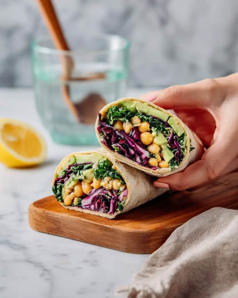 Healthy Lunch Wraps with Chickpeas, Kale, and Brussels Sprouts Recipe