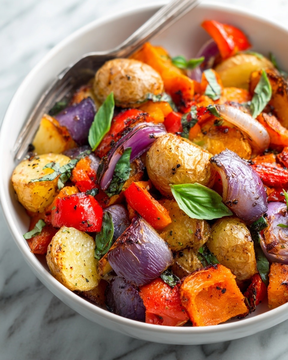 A white bowl filled with colorful roasted vegetables including golden-brown potato pieces, bright orange and red bell pepper chunks, and slices of purple onion. The vegetables have a slightly charred texture and are mixed together, topped with thinly sliced fresh green herbs scattered across the top. The bowl is set on a white marbled surface with soft natural light casting shadows, and a dark spoon is partially visible in the bowl photo taken with an iphone --ar 4:5 --v 7