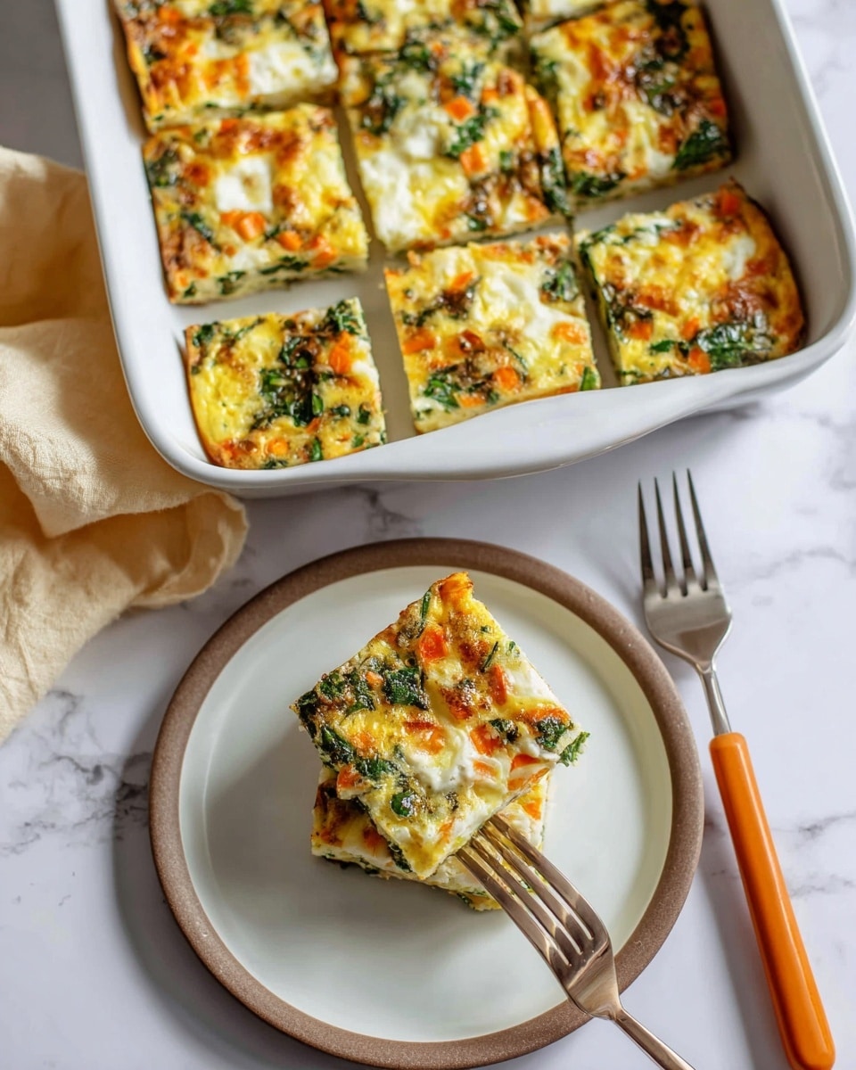 The image shows a white baking dish filled with a baked vegetable frittata, cut into rectangular pieces. The frittata has a golden-brown top layer with visible melted cheese spots, mixed with green leafy vegetables, orange carrot bits, and diced pale green vegetables scattered throughout. One piece sits on a white plate with a thin beige rim, placed on a white marbled surface. A fork with an orange handle holds a bite-sized piece of the frittata above the plate, showing the textured layers of cooked eggs and mixed vegetables inside. The edges of the frittata are slightly crispy and browned. A soft yellow cloth is partially visible near the plate. Photo taken with an iphone --ar 4:5 --v 7