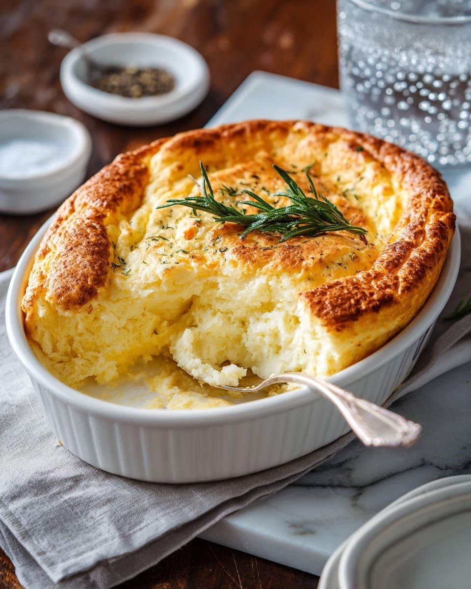A white oval dish filled with a two-layered golden brown souffle; the top layer is light and fluffy with a slightly crisp, browned texture, while the inside layer is creamy and pale yellow, showing a soft texture where a spoon has scooped a piece out. A small green sprig of rosemary lies on the center of the souffle. The dish is placed on a knitted gray cloth with a white marbled surface beneath. In the background, there is a glass of water and a dish holding black pepper and salt. A spoon rests inside the dish, lifting some souffle. Photo taken with an iphone --ar 4:5 --v 7