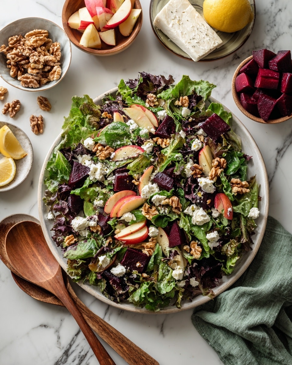 A large white plate filled with a mixed green salad as the base layer, comprising various green and purple leafy textures. On top of the greens are scattered chunks of deep red beetroot pieces and light red and white apple slices with smooth skin. Small clumps of creamy white cheese are spread evenly across the salad, along with light brown walnut halves adding a crunchy texture. The plate is accompanied by wooden salad utensils resting on the right and left sides on a white marbled surface with a green cloth nearby. Around the plate are small white bowls containing extra apple pieces, beetroot chunks, and walnuts, as well as a small white dish with cheese and a small bowl with lemon wedges. Photo taken with an iphone --ar 4:5 --v 7