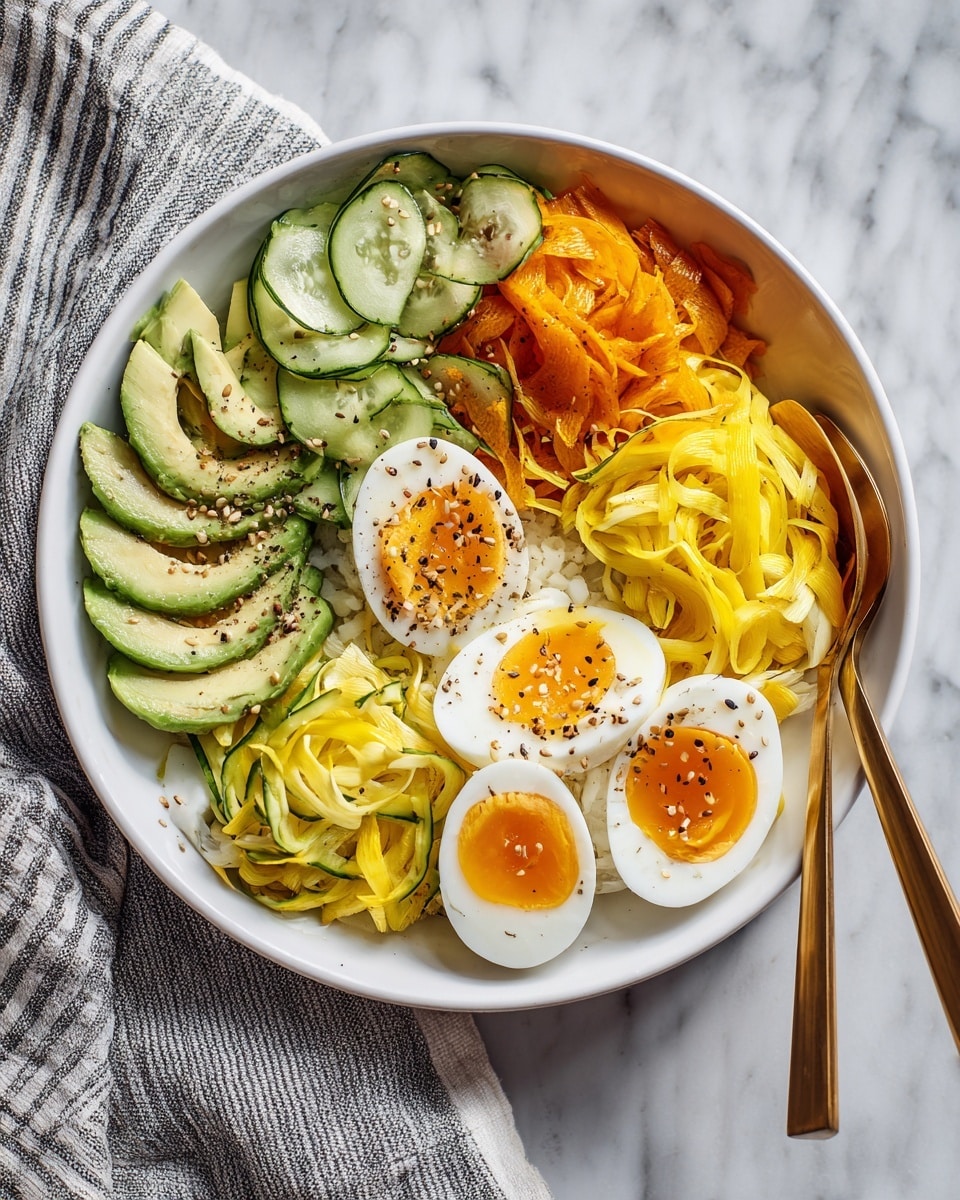 A white bowl filled with a fresh salad placed on a white marbled surface, featuring three main layers: at the bottom is a light green grain base, likely quinoa, with a soft texture; the middle layer has evenly spread bright green cucumber slices with visible seeds, adding crunch; on top are halved hard-boiled eggs with bright orange yolks and white edges, scattered around the bowl; in the center, several thin slices of ripe avocado with a smooth, creamy texture are arranged in a fan shape; bits of yellow pickled vegetables are sprinkled throughout, adding color and texture; the whole dish is lightly sprinkled with small seeds and black pepper; two metallic gold spoons rest on the right side of the bowl, partially on the salad; photo taken with an iphone --ar 4:5 --v 7