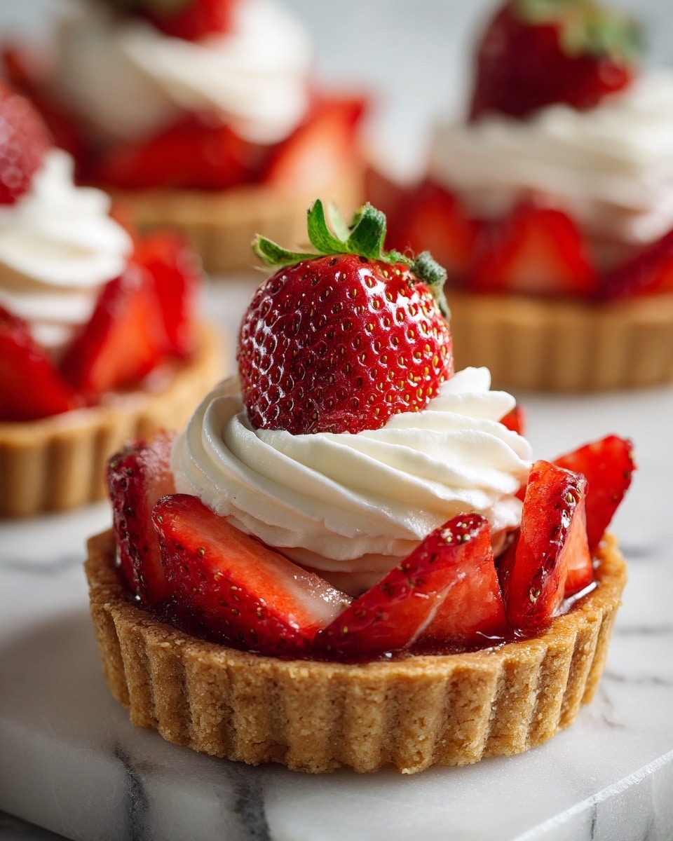 This image shows a small tart with three clear layers. The bottom layer is a golden-brown tart shell with a rough texture and scalloped edges. Above that, there is a layer of fresh, glossy red strawberry slices arranged vertically in a circle, showing their bright red color and seeds. The top layer is a swirl of smooth white whipped cream sitting in the center, with a whole red strawberry with green leaves placed on top. The tarts are placed on a white marbled cutting board, with a soft, out-of-focus background. Photo taken with an iphone --ar 4:5 --v 7