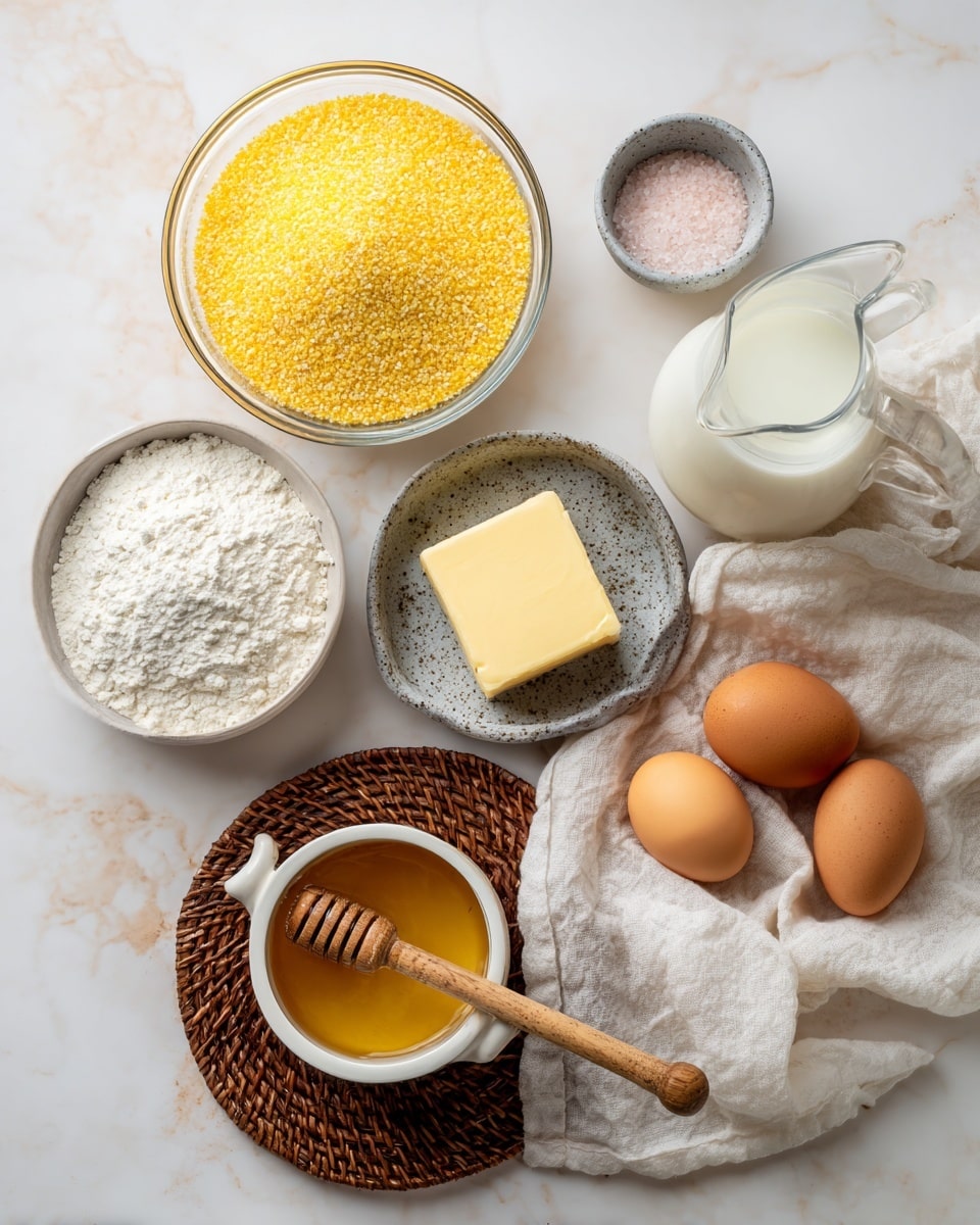 The image shows a top view of several ingredients on a white marbled surface. At the top left is a clear glass bowl filled with yellow cornmeal. Next to it on the right is a small gray bowl holding a square piece of yellow butter. Below the butter is a clear glass pitcher with white milk. To the left of the pitcher is a clear glass bowl containing white flour. At the far left, a small gray bowl holds white baking powder and pink salt. At the bottom left, a white pot with a wooden handle sits on a brown woven mat, filled with golden honey and a clear honey dipper inside. Finally, to the right, two brown eggs rest on a white cloth. Photo taken with an iphone --ar 4:5 --v 7