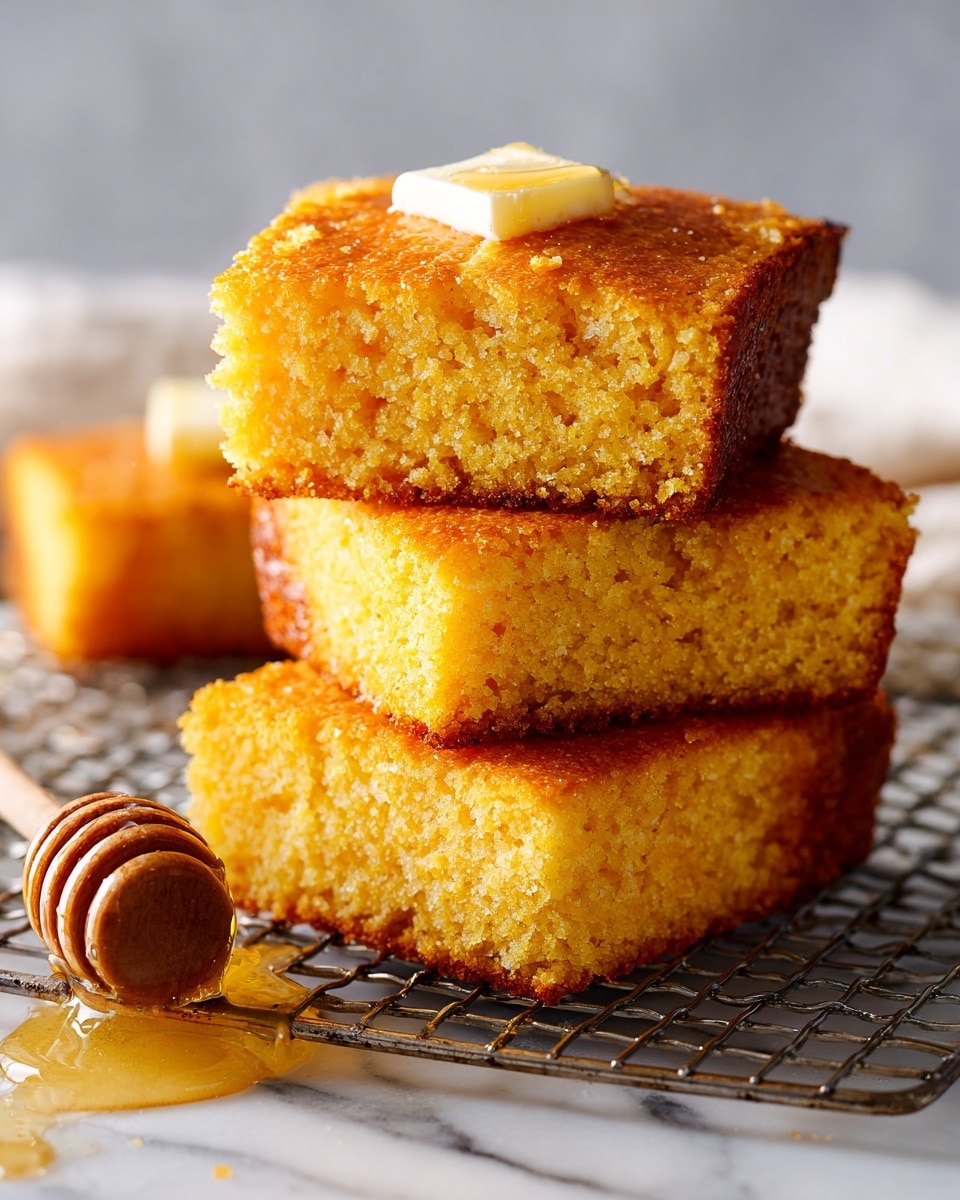The image shows several pieces of golden corn bread stacked on top of each other on a white wire rack. The top piece has a small square of melting butter with a shiny surface. The corn bread looks soft with visible crumb texture and a slightly crunchy crust. Next to the rack, there is a wooden honey dipper with honey dripping from it. The background is a white marbled texture. photo taken with an iphone --ar 4:5 --v 7