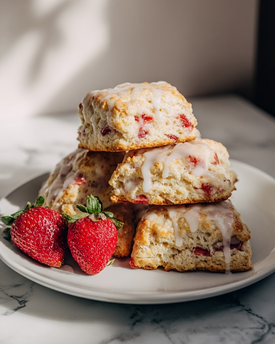 A round white plate holds a small pile of four strawberry scones. Each scone is light golden brown with a rough texture and has visible red strawberry pieces inside and on top. A shiny white glaze is drizzled unevenly over the top surfaces of the scones. Two fresh whole strawberries with green leaves sit at the front left side of the plate. The plate rests on a white marbled surface with a soft, blurred background. photo taken with an iphone --ar 4:5 --v 7