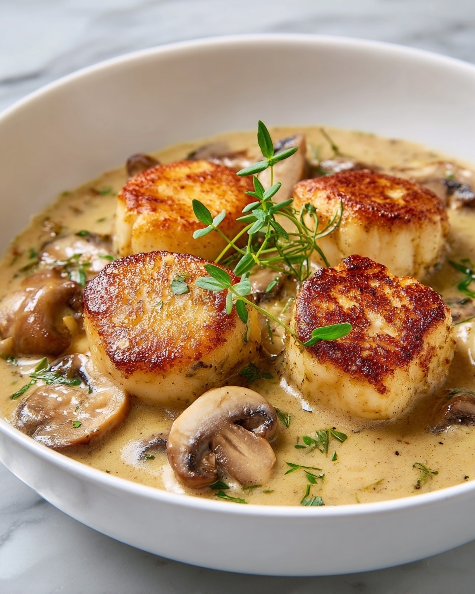 The image shows a close-up of a white plate filled with a creamy dish featuring golden-brown pieces of cooked chicken layered with smooth, light beige mushroom sauce mixed with sliced mushrooms. The mushrooms are light brown with dark gills and are scattered evenly on top and around the chicken parts. The sauce looks thick and rich, coating the chicken and mushrooms softly. Fresh green thyme sprigs sit on top as garnish, adding a pop of color to the dish. The background is a white marbled texture. Photo taken with an iphone --ar 4:5 --v 7