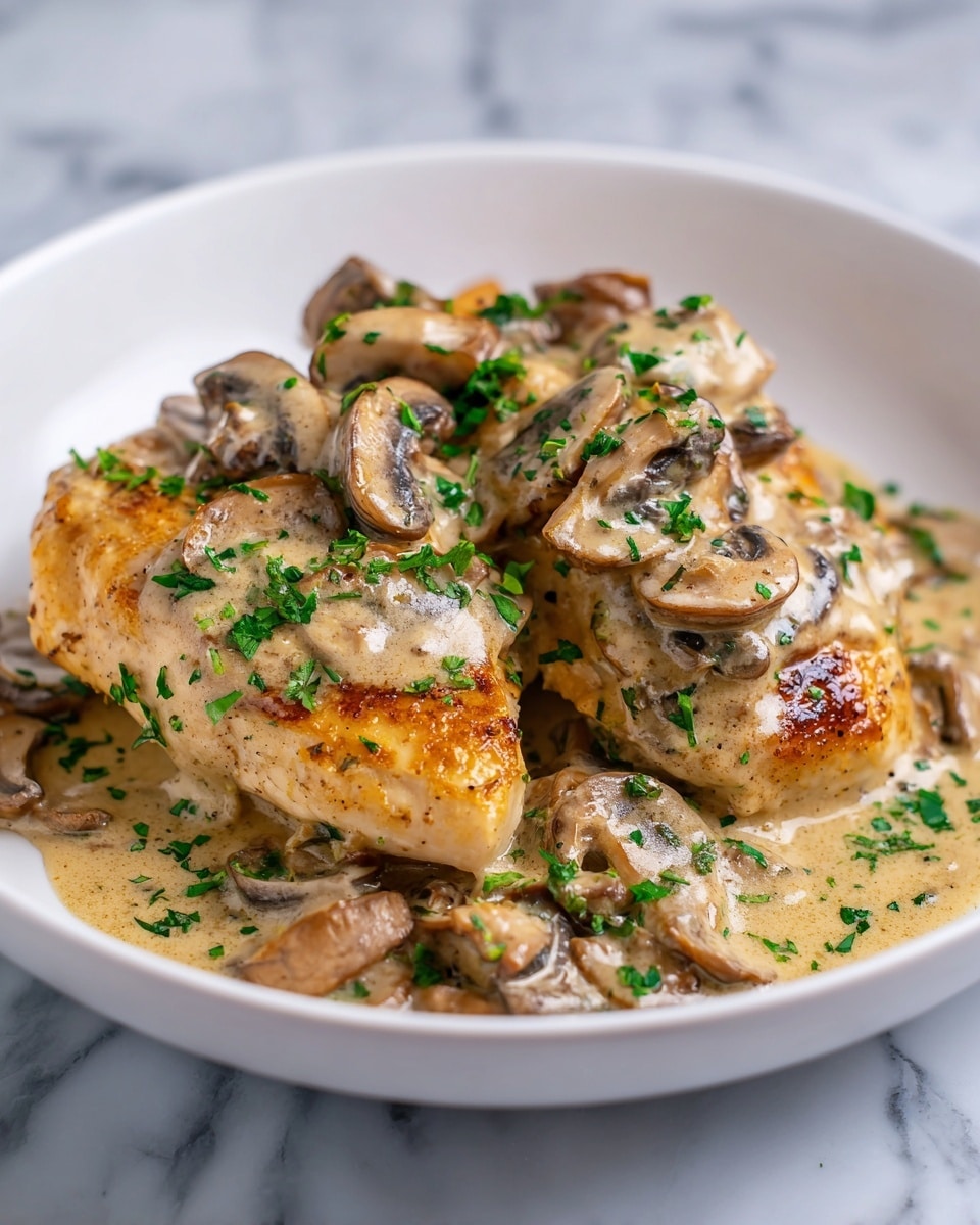 A close-up image of a white pan filled with cooked chicken pieces in a creamy mushroom sauce. The chicken is golden-brown with a crispy texture, topped with sliced brown mushrooms coated in a smooth, light brown creamy sauce. Small bits of green herbs are sprinkled evenly over the chicken and sauce, adding a fresh color contrast. The pan sits on a white marbled surface. photo taken with an iphone --ar 4:5 --v 7