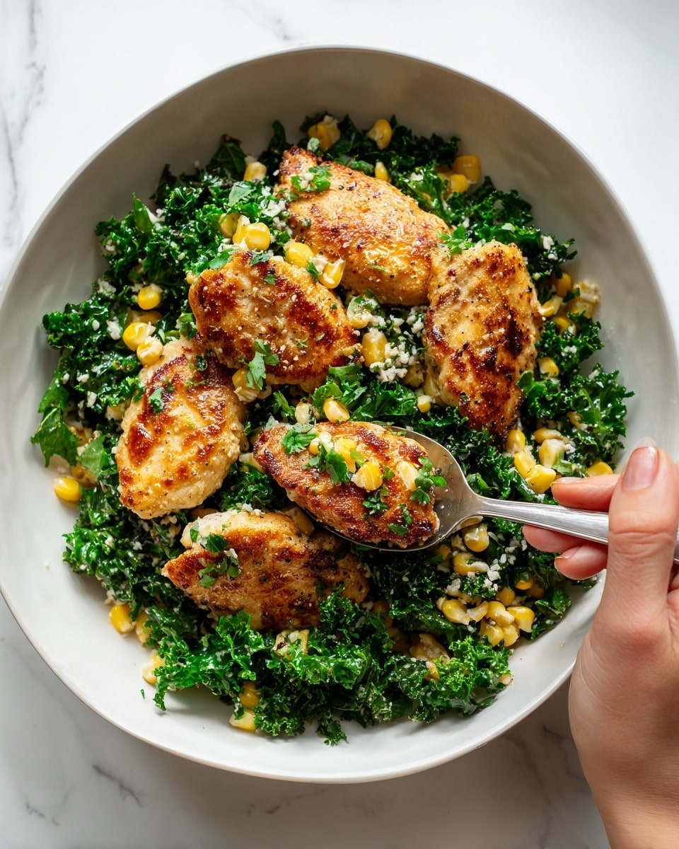 The image shows a white pan filled with four golden brown chicken thighs placed on a bed of green kale and yellow corn kernels mixed with small white beans. The chicken thighs have a crispy skin with a bright green herb sauce drizzled on top. There is a large silver spoon lifting one chicken thigh, revealing more kale and beans beneath it. The pan is set on a white marbled surface. Photo taken with an iphone --ar 4:5 --v 7