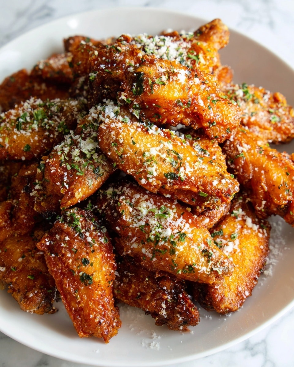 A white square dish filled with about a dozen golden brown fried chicken wings stacked unevenly, each wing showing a crispy, crunchy texture with a rough surface. The wings are sprinkled lightly with white grated cheese and small green herb bits, adding contrast to the golden color. The background has a white marbled texture and the lighting brings out the warm tones of the fried coating, emphasizing the crispiness and making the chicken look fresh and appetizing. photo taken with an iphone --ar 4:5 --v 7