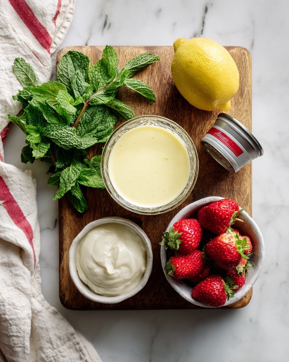 The image shows a wooden board on a white marbled surface with four items arranged neatly: a small glass filled with light yellow creamy liquid in the center, a bowl with white cream to the lower left, a white bowl filled with fresh red strawberries to the lower right, and a metallic can with a red label and a lemon placed near the top right. A green bunch of fresh mint leaves lies at the top left of the board, and part of a white cloth with red stripes is visible on the left side. A woman's hand is not shown but implied in the arrangement. photo taken with an iphone --ar 4:5 --v 7
