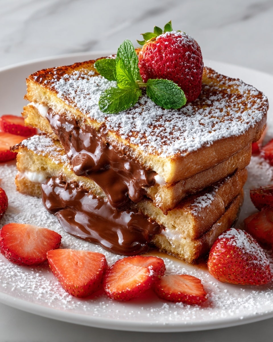 Two thick pieces of golden brown toasted bread are stacked in the middle of a plain white plate. Between the layers, smooth melted chocolate oozes out, dripping slightly off the sides. The top slice is dusted with white powdered sugar and decorated with a bright red whole strawberry and two fresh green mint leaves. Around the sandwich on the plate, there are several halved strawberries sprinkled lightly with powdered sugar. The plate sits on a white marbled surface. photo taken with an iphone --ar 4:5 --v 7