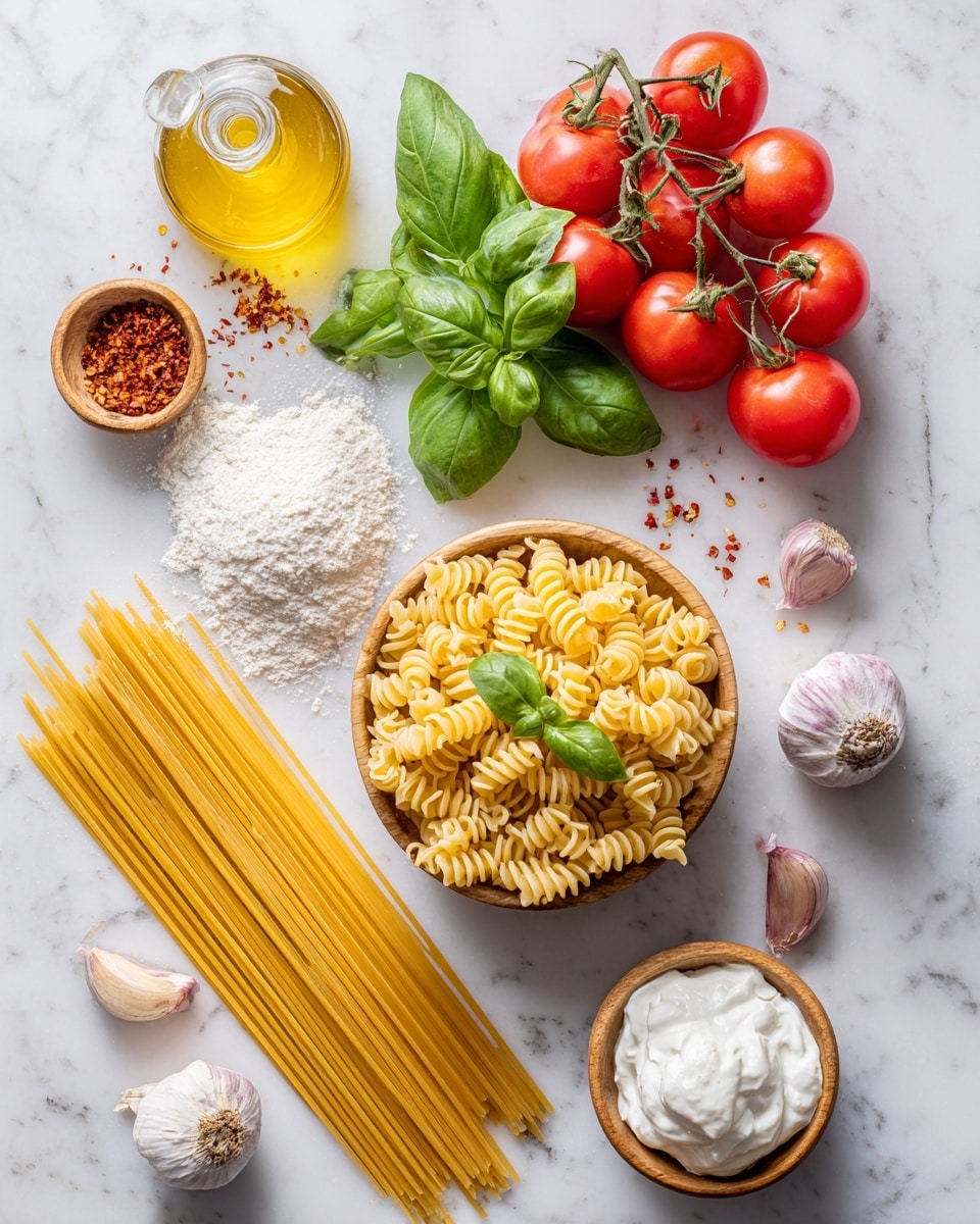 The image shows ingredients for cooking pasta arranged on a white marbled surface. On the left, there are long uncooked spaghetti strands spread out in a neat line with yellow color, next to a small pile of flour and a small bowl of crushed red pepper flakes. Near the top left, there is a small glass bottle filled with golden olive oil, with a few drops spilled on the surface. A bunch of bright red tomatoes on the vine is placed near the center top, alongside a fresh bunch of green basil leaves. To the right, there is a wooden bowl filled with uncooked spiral pasta that is pale yellow, garnished with a basil leaf on top. Below this bowl, there is another wooden bowl holding a dollop of white creamy cheese. Near the right edge of the image, there are three small onions in light brown skin, alongside three cloves of garlic with light purple skin. The overall view is neat and clean with the ingredients spread out on the white marbled background. photo taken with an iphone --ar 4:5 --v 7