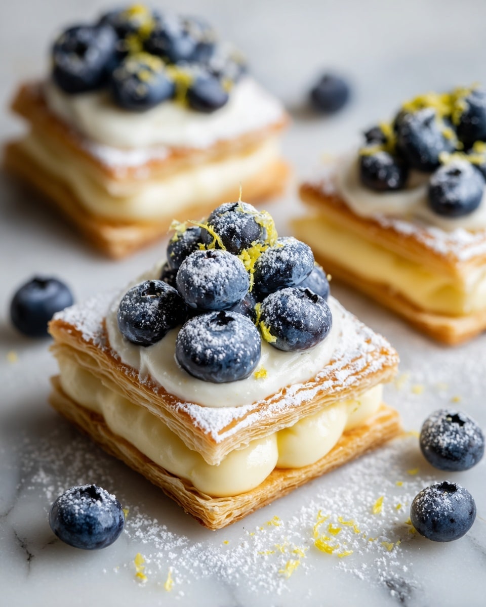 A small rectangle of light golden pastry with a smooth surface, topped with a layer of creamy white spread that looks soft and thick. On top of this spread, there are several shiny, dark blue blueberries evenly arranged in a neat cluster. The pastry sits on a white marbled surface. Photo taken with an iphone --ar 4:5 --v 7