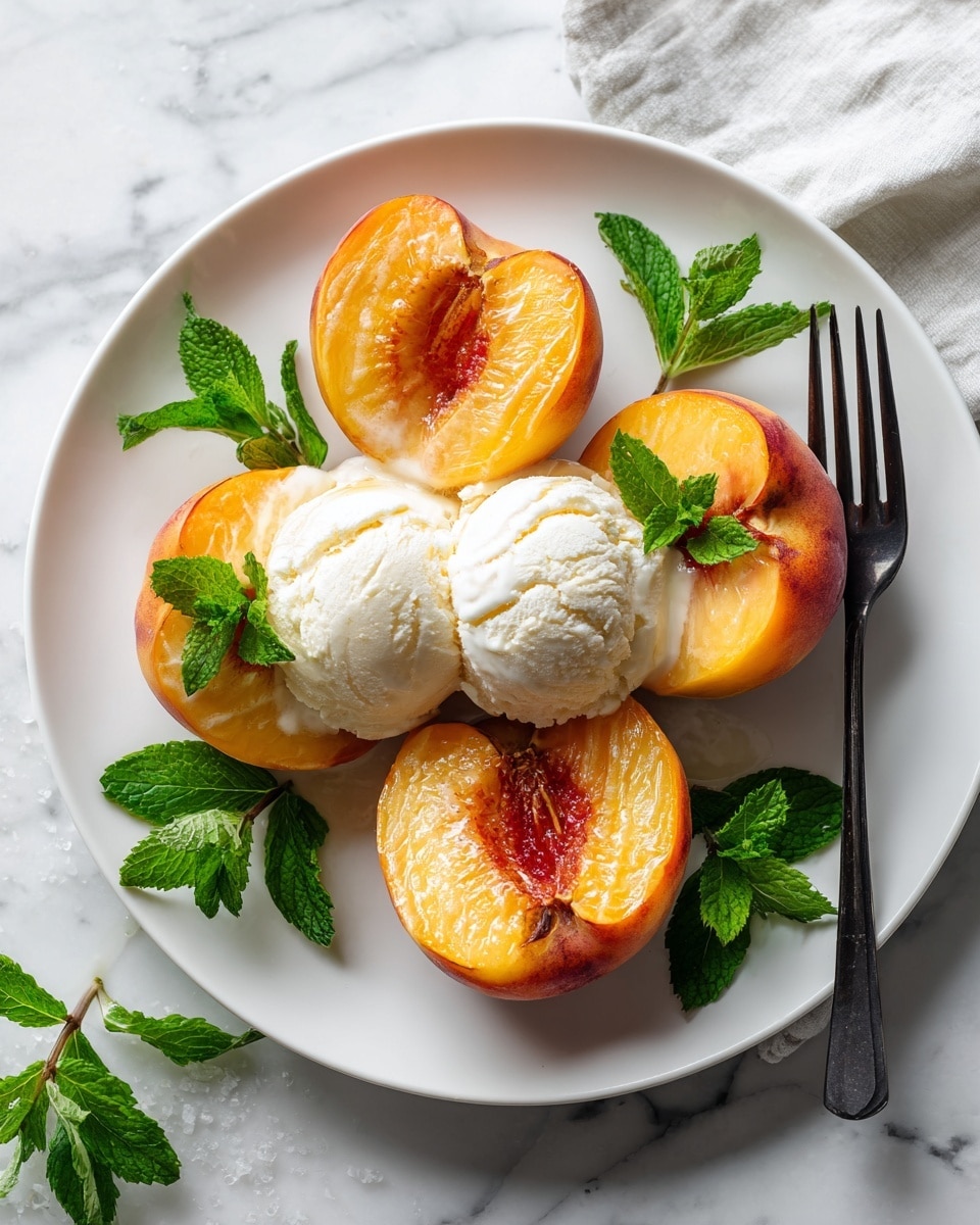 A white plate holds four grilled peach halves with warm, golden brown caramelized spots, arranged around two scoops of smooth white ice cream slightly melting in the center. Fresh green mint leaves are scattered on top of the ice cream and next to the peach halves, adding color contrast. A black fork rests beside the ice cream on the plate, which sits on a white marbled surface with a few scattered basil leaves nearby. The image is bright, with natural lighting showing the texture of the peaches and cream clearly photo taken with an iphone --ar 4:5 --v 7