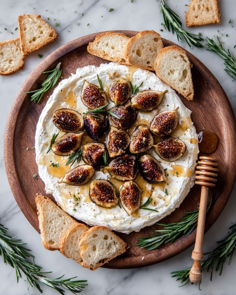 A round wooden board holds one layer of soft white cheese spread thickly with a smooth, slightly uneven texture, topped with dark purple roasted fig halves spaced evenly. Small green rosemary sprigs are scattered across the cheese and figs. There are drops of dark brown honey drizzled on top along with a honey dipper resting on the side of the board. Around the board, there are three white slices of crusty bread with airy holes, a stack of beige crackers partially wrapped in a small brown burlap sack tied with string, and scattered rosemary leaves on a white marbled surface with some printed brown paper underneath the board. Photo taken with an iphone --ar 4:5 --v 7