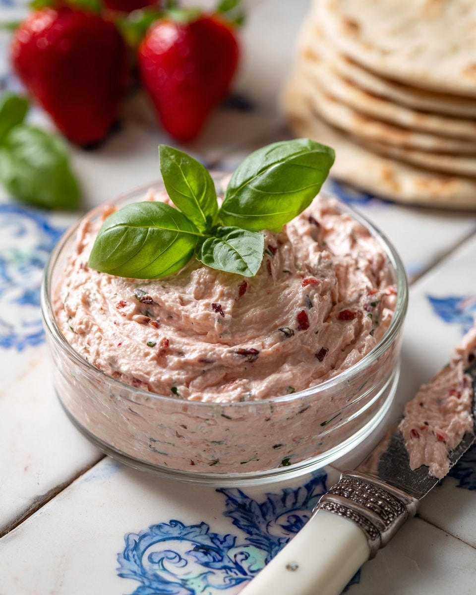 A clear glass jar filled with a creamy, light pink spread that has small pieces of red mixed in, topped with two fresh green leaves in the center. The jar sits on a white marbled surface with blue decorative patterns. Near the jar, there is a white knife with a dark handle that has the same pink spread on its blade. In the background, two whole red strawberries and a stack of golden brown crackers are slightly out of focus. Photo taken with an iphone --ar 4:5 --v 7