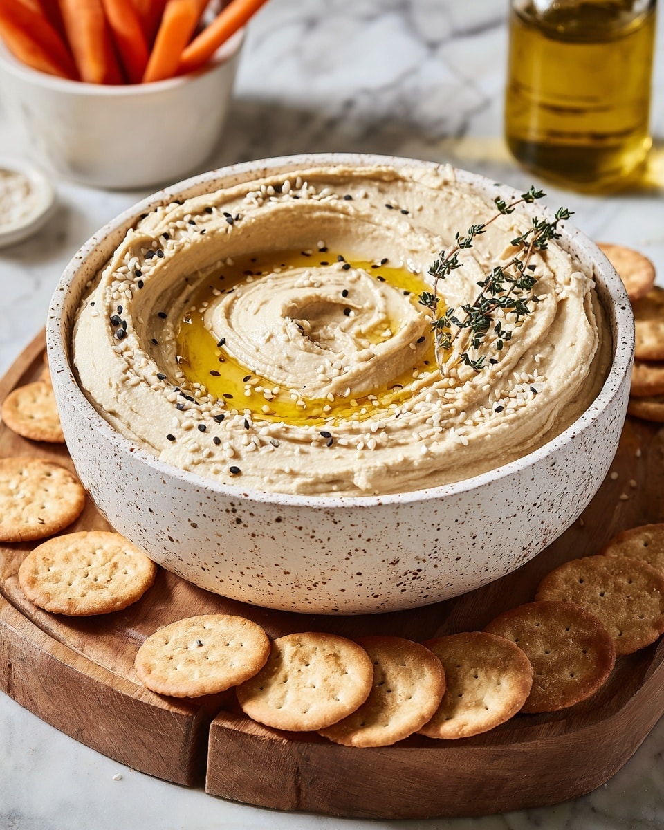 A white bowl holds thick and creamy beige hummus with swirls on top, drizzled with golden olive oil and sprinkled with white sesame seeds, garnished with fresh green thyme leaves in the center; the bowl sits on a rustic wooden board surrounded by pale beige round crackers with small holes, all placed on a white marbled textured surface. In the blurred background, there is a white bowl with bright orange carrot sticks and two small glass olive oil bottles. Photo taken with an iphone --ar 4:5 --v 7