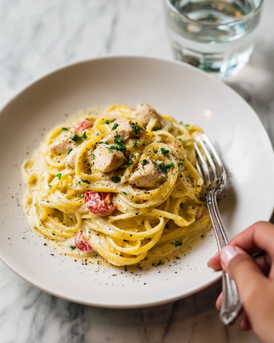 A white round plate on a white marbled surface holds a dish of creamy pasta with sliced cooked chicken pieces scattered evenly on top. The pasta is light yellow with a smooth, creamy sauce coating each strand. Small bits of diced tomatoes add spots of red throughout the dish. Green herbs, chopped finely, are sprinkled over the pasta and chicken. Black pepper flakes are visible across the top, adding texture and contrast. A fork rests on the side of the plate. In the background, a clear glass of water with some water droplets outside it completes the scene. Photo taken with an iphone --ar 4:5 --v 7