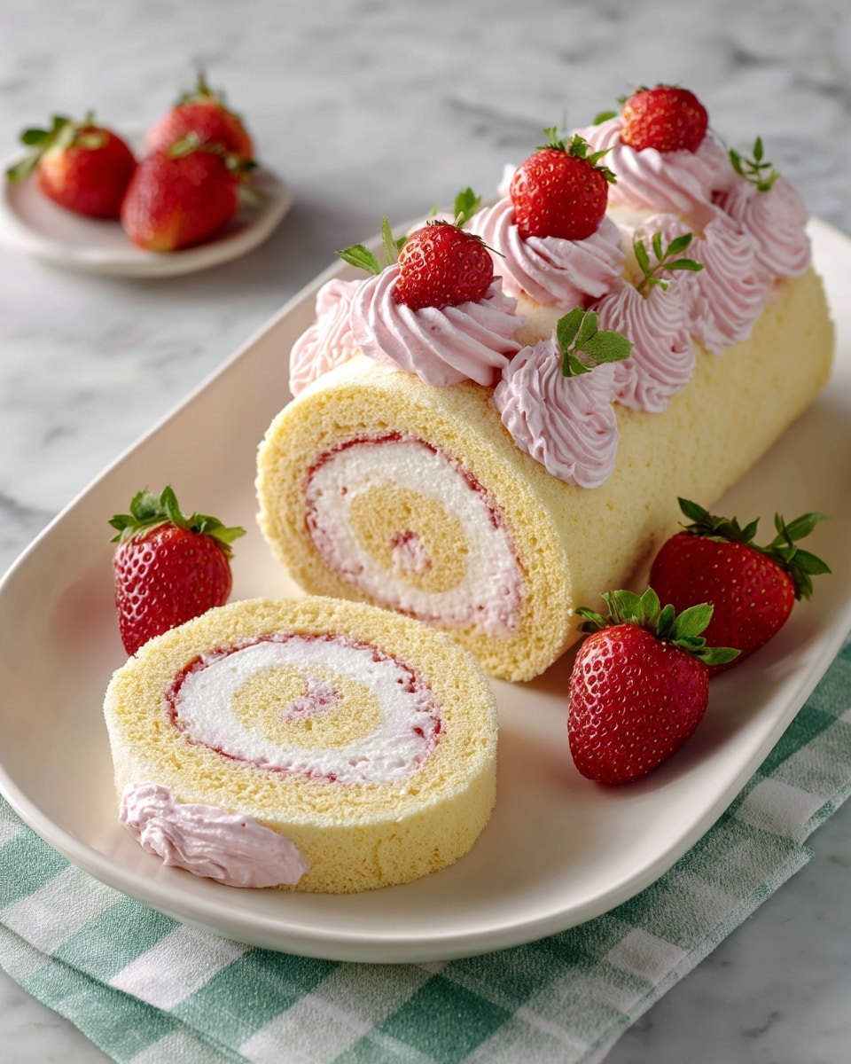 A white oval plate sits on a white marbled surface holding a yellow sponge cake roll sliced into two pieces: one piece is flat and topped with many swirled dollops of light pink strawberry cream, each dollop textured and slightly uneven, and garnished with halved fresh strawberries with green leaves; the other piece is a rolled spiral showing layers of yellow sponge and pink cream swirled together, with a bit of cream around the edge. Whole strawberries with leaves are scattered around the plate. A green and white checkered cloth is seen on the right side. Photo taken with an iphone --ar 4:5 --v 7