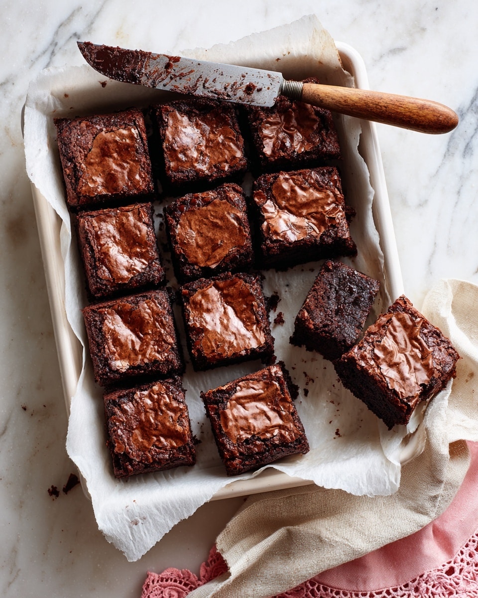 A white baking pan lined with parchment paper holds a batch of square chocolate brownies cut into pieces. The brownies have a rich dark brown top with a shiny, cracked texture showing some roughness and slight unevenness. One brownie square is missing from the top right corner, creating an empty space with crumbs inside the pan. Around the pan, there is a silver knife with a wooden handle, resting on a white marbled surface with some brownie crumbs on the blade and surface. A piece of brownie sits near the knife, and a beige cloth with a pink lace edge sits partly under the pan. photo taken with an iphone --ar 4:5 --v 7