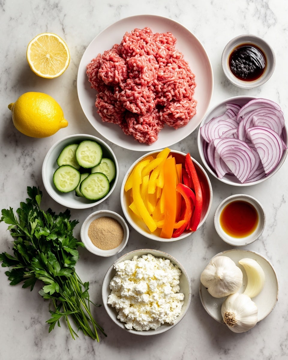 The image shows a white plate filled with raw ground meat, next to several small white bowls and dishes containing various fresh ingredients: sliced red onions, sliced yellow and orange bell peppers, sliced cucumbers, whole garlic cloves, lemon halves, a bunch of fresh parsley, a whole onion, a pile of crumbled cottage cheese, and different sauces or spices with colors like red, beige, and dark purple. The scene is arranged neatly on a white marbled surface, and the lighting is bright, highlighting the fresh textures and natural colors of all the ingredients. photo taken with an iphone --ar 4:5 --v 7