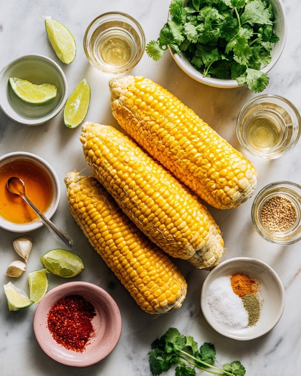 Four ears of bright yellow corn sit on a white marbled surface in the center, with one ear laying diagonally on top of the others. To the left, there are three lime wedges with a light green color. Surrounding the corn are small white bowls and pink bowls filled with various ingredients: red chili powder, finely chopped garlic, light brown paste, green herb leaves, ground black pepper, lime zest, amber-colored honey or syrup, and several small clear glasses holding different liquids. In the top right corner, a white bowl is filled with fresh bright green cilantro leaves. The scene is well-lit with natural light, showing clear details and colors. Photo taken with an iphone --ar 4:5 --v 7