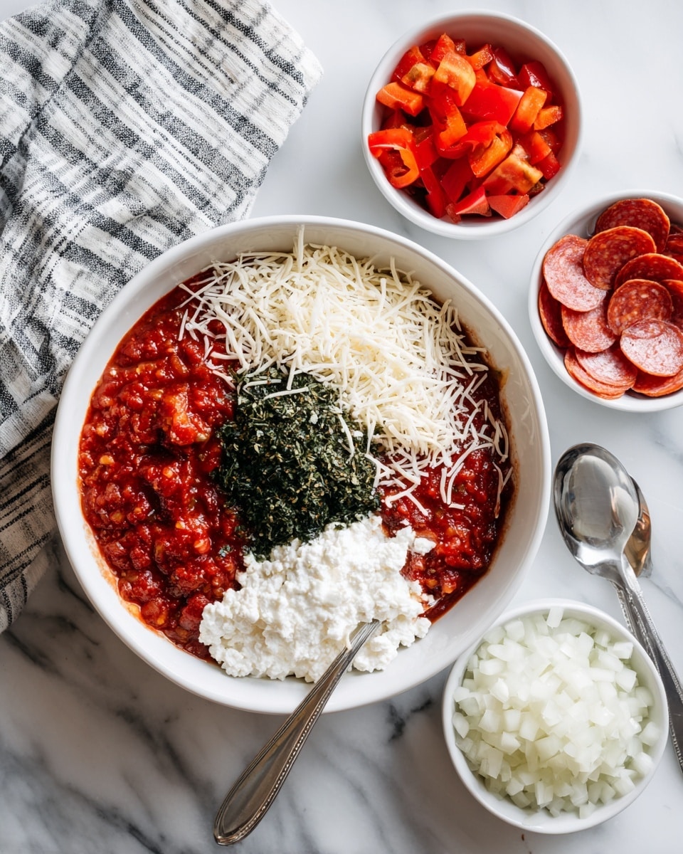 A white bowl filled with four visible layers: thick red tomato sauce on the left, a mound of dark green dried herbs near the center top, white shredded cheese piled on the top right, and white cottage cheese with a creamy texture spread across the bottom half. Surrounding the main bowl are three smaller white bowls, one with diced red bell peppers on the left, one with diced white onions at the bottom, and one with sliced round pepperoni on the right. A silver spoon lies on the right side of the bowl, all placed on a white marbled surface with a striped cloth in the top left corner. Photo taken with an iphone --ar 4:5 --v 7