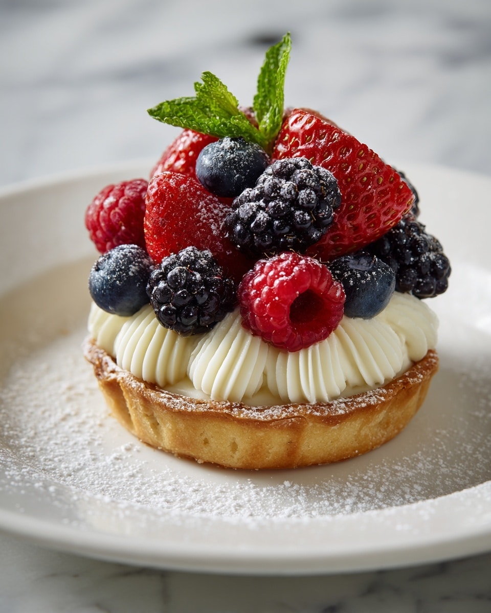 A small tart sits centered on a white plate with a white marbled surface underneath. The tart has a single golden-brown crust layer shaped with a fluted edge. On top of the crust is a smooth layer of white cream, piped in ruffled swirls around the tart's edge. The cream is topped with a mix of fresh berries including large bright red strawberries, dark purple blackberries, blueberries, and small red raspberries. The berries are piled high, creating a colorful mound with a few powdered sugar sprinkles on top and around the tart, adding a light dusting of white. A small green mint leaf is placed near the top center of the berries. Photo taken with an iphone --ar 4:5 --v 7