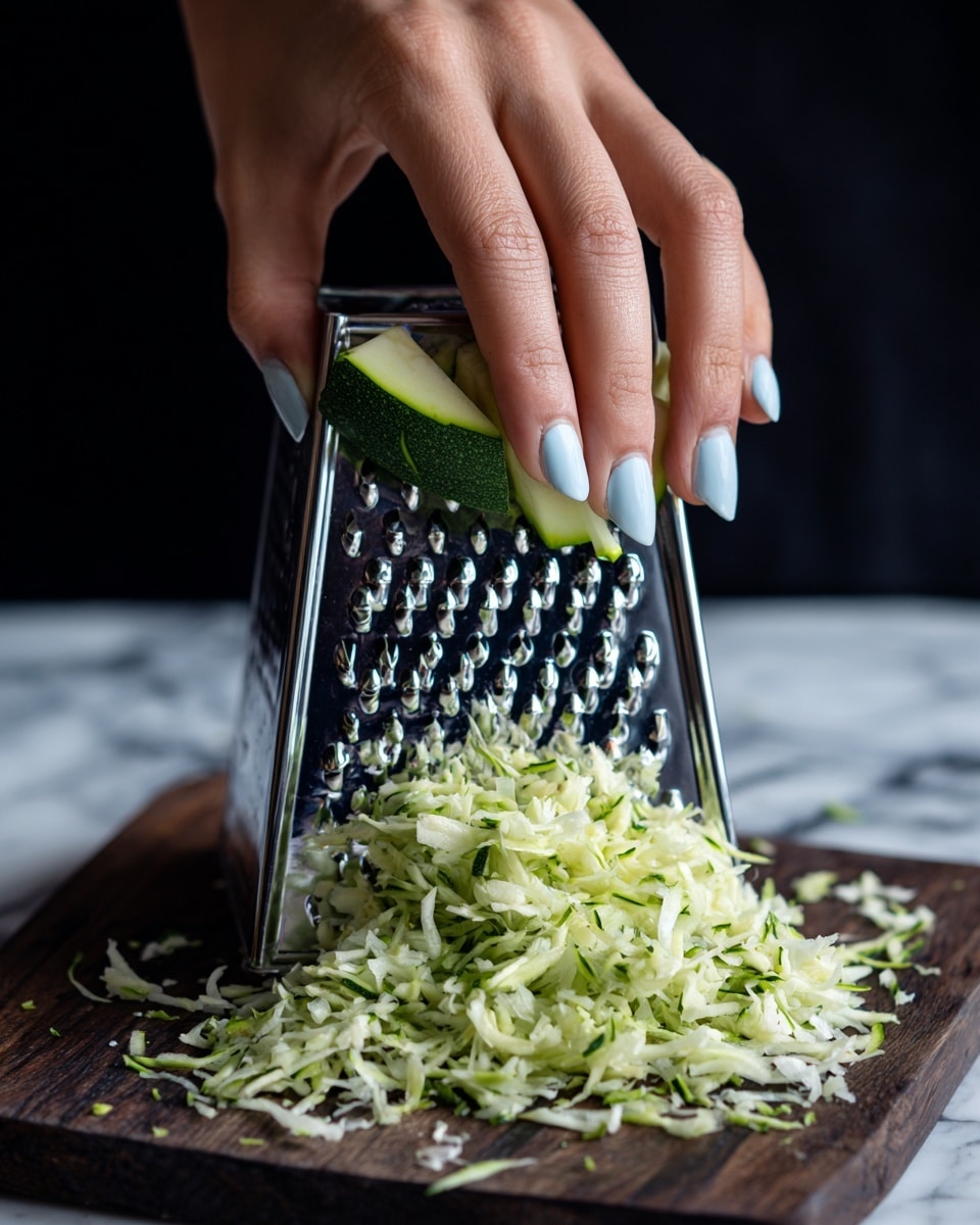 A woman's hand with pale blue nail polish holds a fresh green zucchini, pressing it against a shiny silver box grater. The grater is standing on a dark wooden chopping board with a white marbled surface in the background. Below the grater, there is a pile of pale green and white shredded zucchini with a moist texture, showing thin, string-like pieces scattered around. The scene captures the action of grating, with the zucchini actively being rubbed down the grater's side holes photo taken with an iphone --ar 4:5 --v 7