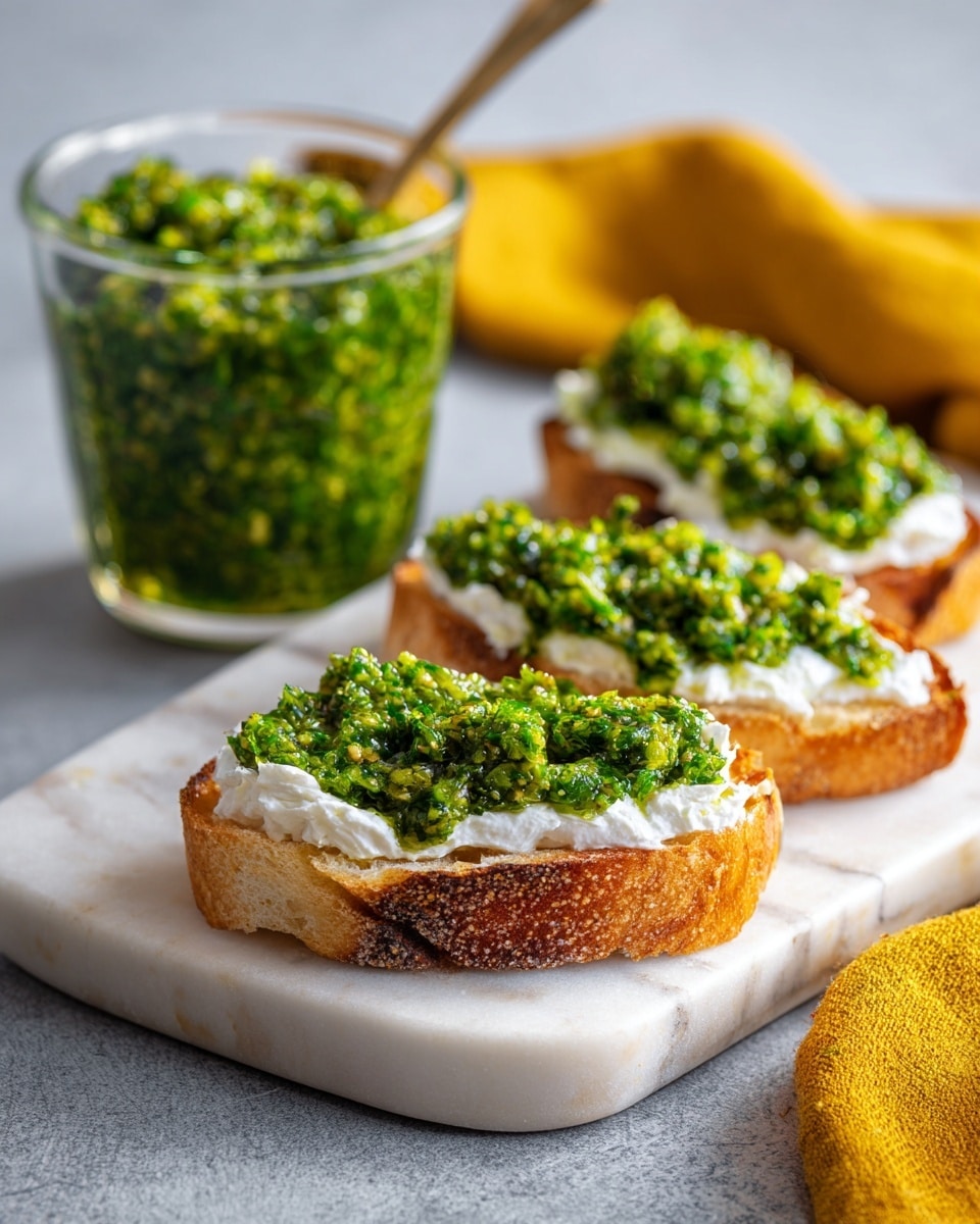 The image shows three pieces of toasted bread on a white marbled board, each slice topped with a thick white creamy layer and a chunky green spread on top. The toasted bread is golden brown with a crisp texture, and the green topping looks like a mix of mashed vegetables or herbs. Behind the slices, there is a clear glass jar filled with the same green spread. A mustard yellow cloth napkin is placed on the bottom right corner, and the background has a soft white marbled texture. photo taken with an iphone --ar 4:5 --v 7
