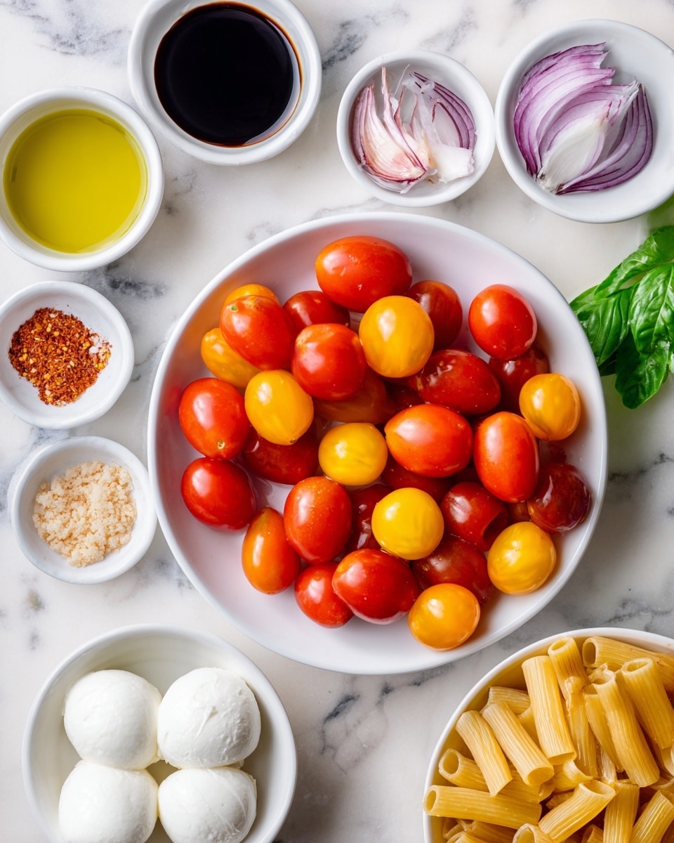 A top-down view of a white plate filled with fresh red and yellow cherry tomatoes, with two white balls of mozzarella cheese on a small white plate nearby. Around them are small white bowls containing olive oil, black balsamic vinegar, chopped red onions, minced garlic, crushed red pepper, and a light brown sauce. A white bowl holds dry rigatoni pasta, and fresh green basil leaves are placed near the bottom right side of the arrangement, all set on a white marbled surface. photo taken with an iphone --ar 4:5 --v 7