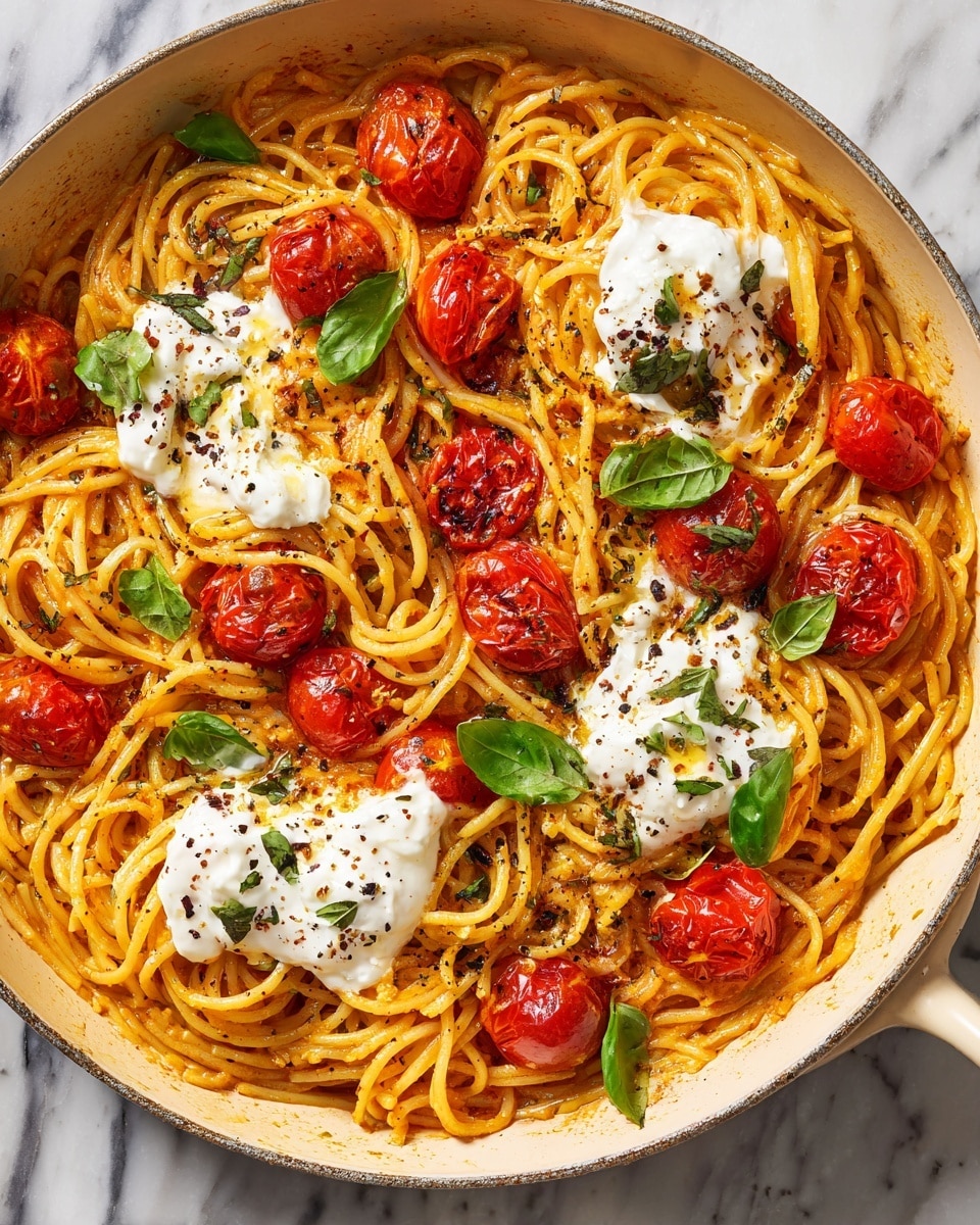 A close-up view of a white pan filled with thick yellow noodles coated in a creamy orange sauce, mixed with bright red roasted cherry tomatoes spread evenly on top. There are four dollops of white creamy cheese placed around the noodles. Small green basil leaves are scattered over the dish, along with black pepper and red chili flakes sprinkled across the top. The pan sits on a white marbled surface. Photo taken with an iphone --ar 4:5 --v 7