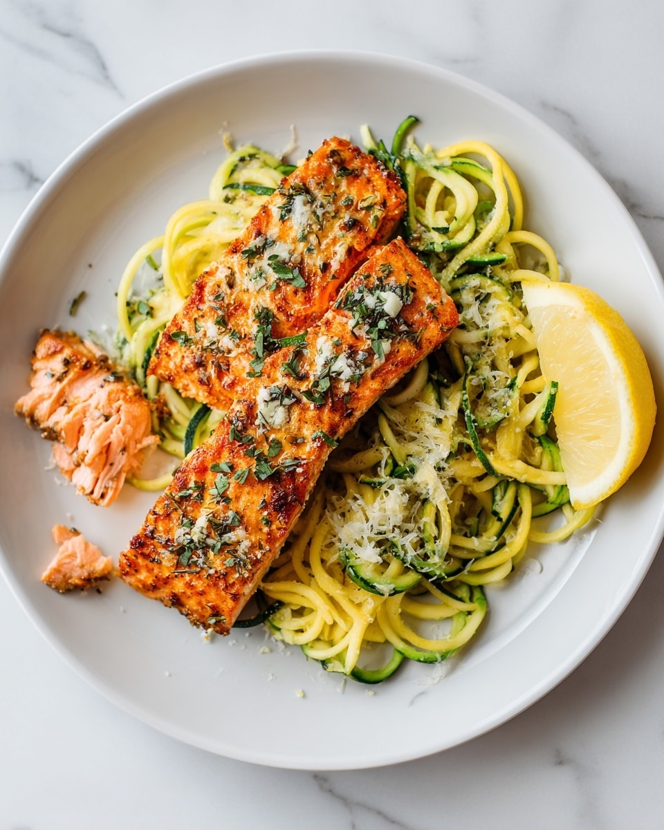 A white plate holds a bed of green and yellow zoodles, thin and spiral-shaped, filling most of the plate. On top, two small golden-brown cooked salmon pieces with a light shine and sprinkled with herbs and small bits of cheese sit side by side. To one side of the salmon, there is a chunk of flaked cooked salmon with a soft texture and light pink color. A thin lemon wedge with visible seeds rests on the zoodles beside the salmon. The plate is set on a surface with a white marbled texture. photo taken with an iphone --ar 4:5 --v 7