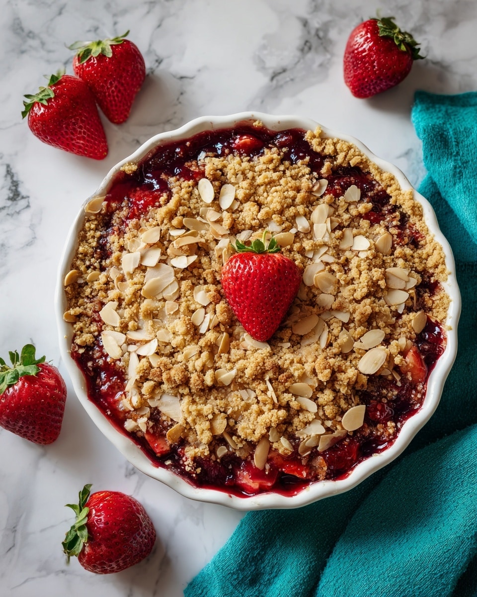 A round pie with three visible layers sits on a white marbled surface: the bottom layer is deep red strawberry filling, partially bubbling and touching the edges of the white fluted pie dish, the middle layer is a golden brown oatmeal crumble that covers the filling with a rough, crunchy texture, and the top layer has light beige sliced almonds scattered unevenly all over, with one bright red strawberry placed at the center for garnish. Around the dish are a few fresh strawberries and a teal cloth adding a soft contrasting color. Photo taken with an iphone --ar 4:5 --v 7