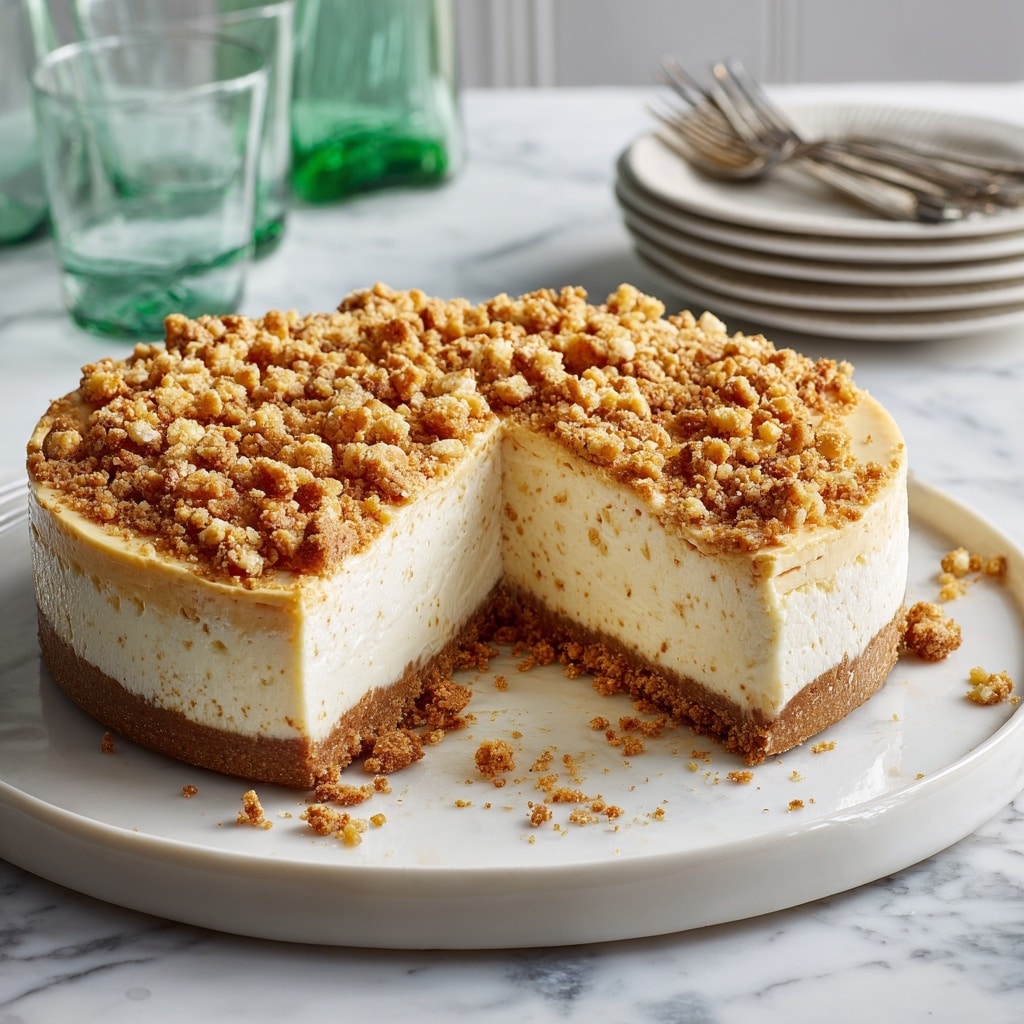 A round cheesecake with three visible layers sits on a white plate: a thin golden brown crumbly crust at the bottom, a thick creamy off-white middle layer of smooth cheesecake, and a top layer of chunky light brown crumble pieces scattered unevenly. A large slice has been removed, showing the clean cut inside with the crumble falling slightly onto the plate. In the background, there are stacked white plates with forks on striped cloth, green glass cups, a dark green bottle, some celery sticks, a striped cloth napkin, and a silver spoon on a white marbled surface. photo taken with an iphone --ar 4:5 --v 7