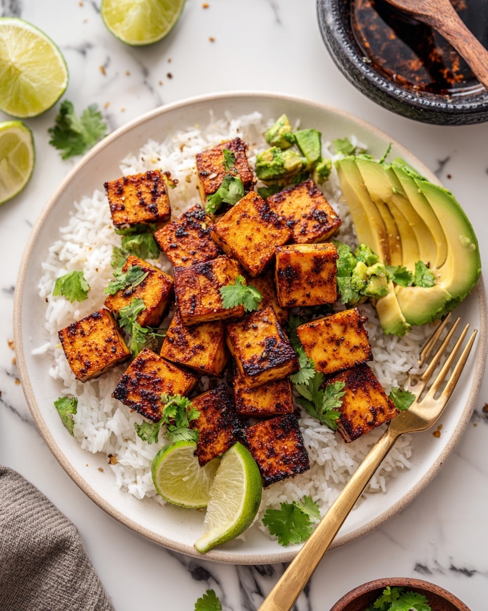A white plate filled with a base layer of fluffy white rice, topped with a serving of golden-brown grilled tofu cubes that have visible char marks, giving them a slightly crispy texture. Scattered on top and between tofu pieces are small chunks of fresh green avocado, adding a smooth contrast. On the side of the plate are bright green lime wedges, some resting on the rice and tofu. A woman's hand is holding a fork placed on the edge of the plate. The plate sits on a white marbled surface with small bowls of dipping sauce and herbs around it. Photo taken with an iphone --ar 4:5 --v 7
