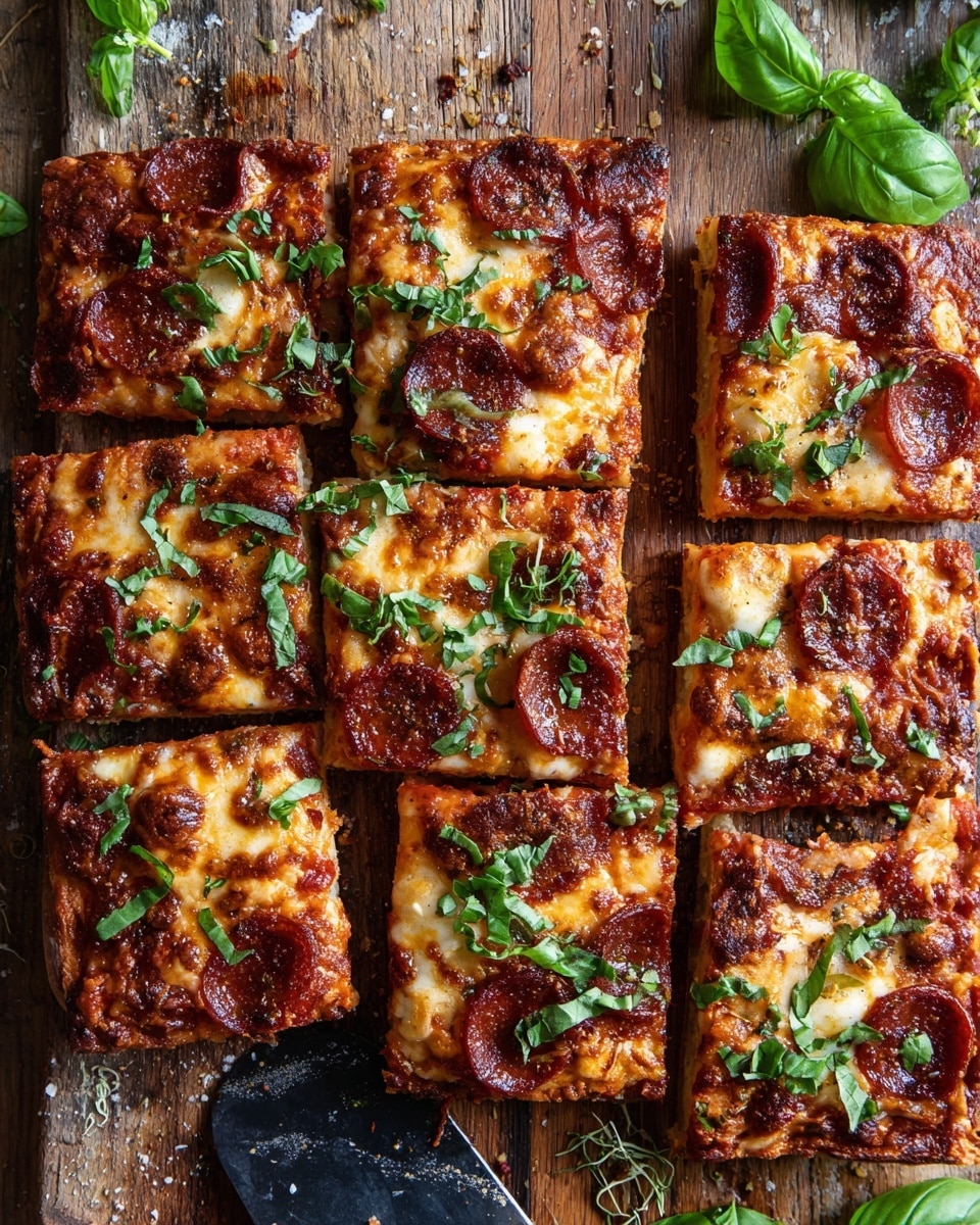 A rectangular pizza cut into twelve square slices, each slice showing a golden brown crust with melted white and light yellow cheese layers, scattered dark green herbs, and round reddish-brown pepperoni slices on top. Fresh bright green basil leaves are placed on several slices, adding a fresh touch. The pizza rests on a rustic wooden surface with visible texture and light crumbs around. A woman's hand is seen holding a spatula under one slice near the bottom right corner. Photo taken with an iphone --ar 4:5 --v 7
