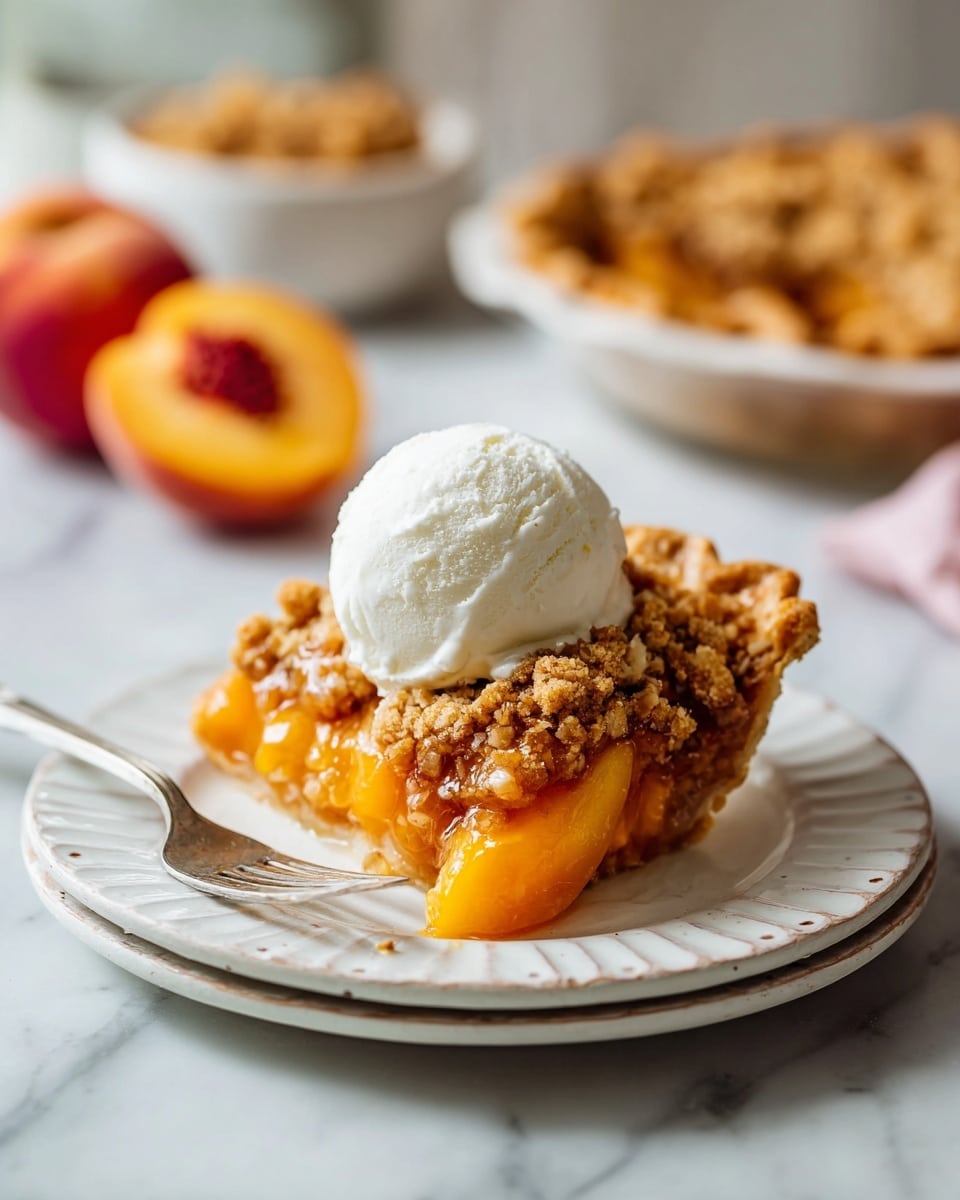 A slice of peach crumble dessert on a round white wooden plate. The bottom layer is soft cooked peach pieces with orange and yellow tones, topped with a crumbly golden-brown streusel layer that has a rough, grainy texture. On top of the crumble is a smooth, creamy white scoop of vanilla ice cream that slightly melts around the edges. A woman's hand holds a vintage-style silver spoon angled toward the slice. The background is a white marbled surface with whole and halved fresh peaches slightly blurred in the back. photo taken with an iphone --ar 4:5 --v 7