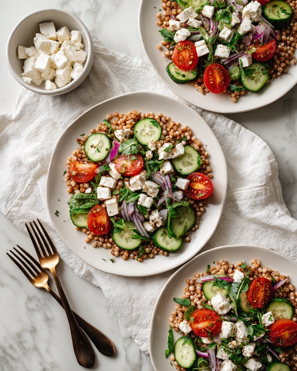 The image shows two white plates filled with a fresh salad on a white marbled surface. Each plate has a base layer of light brown cooked grains, topped with bright green cucumber slices spread evenly. On top of this, there are halved red cherry tomatoes scattered alongside small white cubes of cheese. There are also small pieces of purple onion and green herbs sprinkled throughout. The overall look is colorful with reds, greens, and whites contrasting against the light brown grains, making the salad look fresh and healthy. Photo taken with an iphone --ar 4:5 --v 7