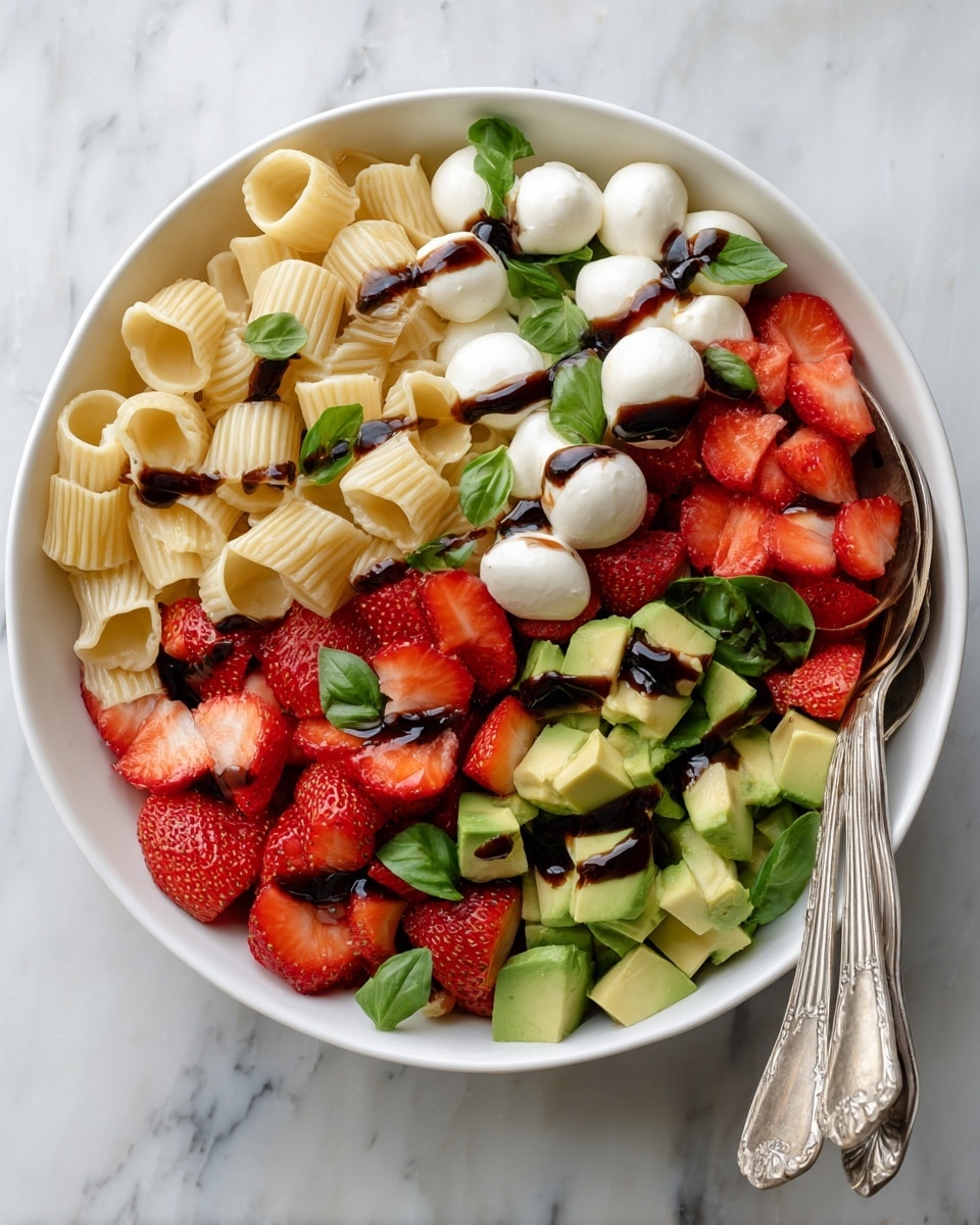The dish is a colorful pasta salad served in a white bowl on a white marbled surface. The base layer is light yellow penne pasta scattered evenly. On top, there are bright red strawberry halves, green avocado cubes, white mozzarella balls, and fresh green basil leaves spread all over. A dark glossy balsamic glaze is drizzled generously across the salad, adding contrast. There are two metal spoons resting partially inside the bowl at the edge. The photo taken with an iphone --ar 4:5 --v 7