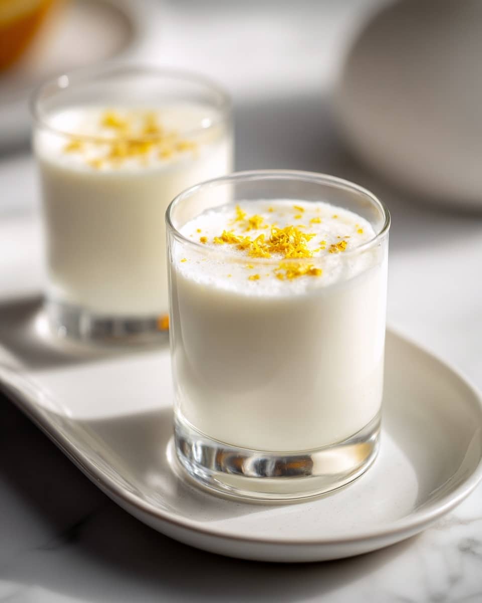 A clear glass filled with a creamy white drink that looks smooth and thick, topped with small yellow specks scattered evenly on the surface. The glass is placed on a white rectangular dish with another similar glass slightly blurred in the background on the same dish. The setting is on a white marbled surface with soft natural light highlighting the drink's texture and colors. Photo taken with an iphone --ar 4:5 --v 7