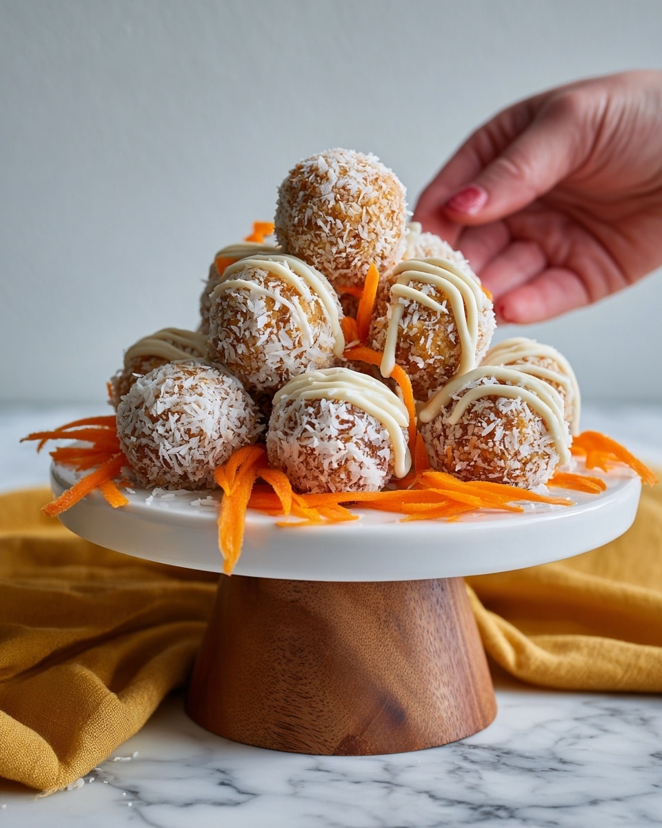 A white cake stand with a wooden base holds a pile of small round balls, some coated in white coconut flakes and others with a golden-brown crispy texture. Thin, curled orange peels are scattered around and on top of the balls, adding bright color. The cake stand is placed on a white marbled surface with an orange cloth beside it. photo taken with an iphone --ar 4:5 --v 7